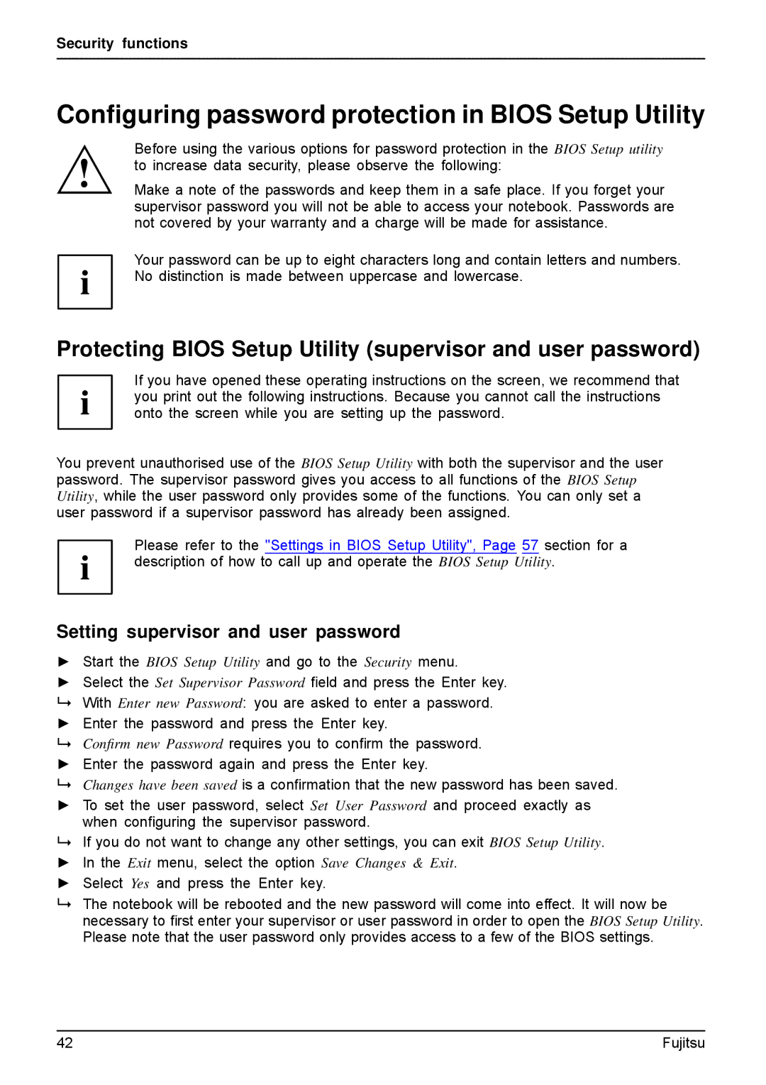 Fujitsu AH512, A512 manual Conﬁguring password protection in Bios Setup Utility 