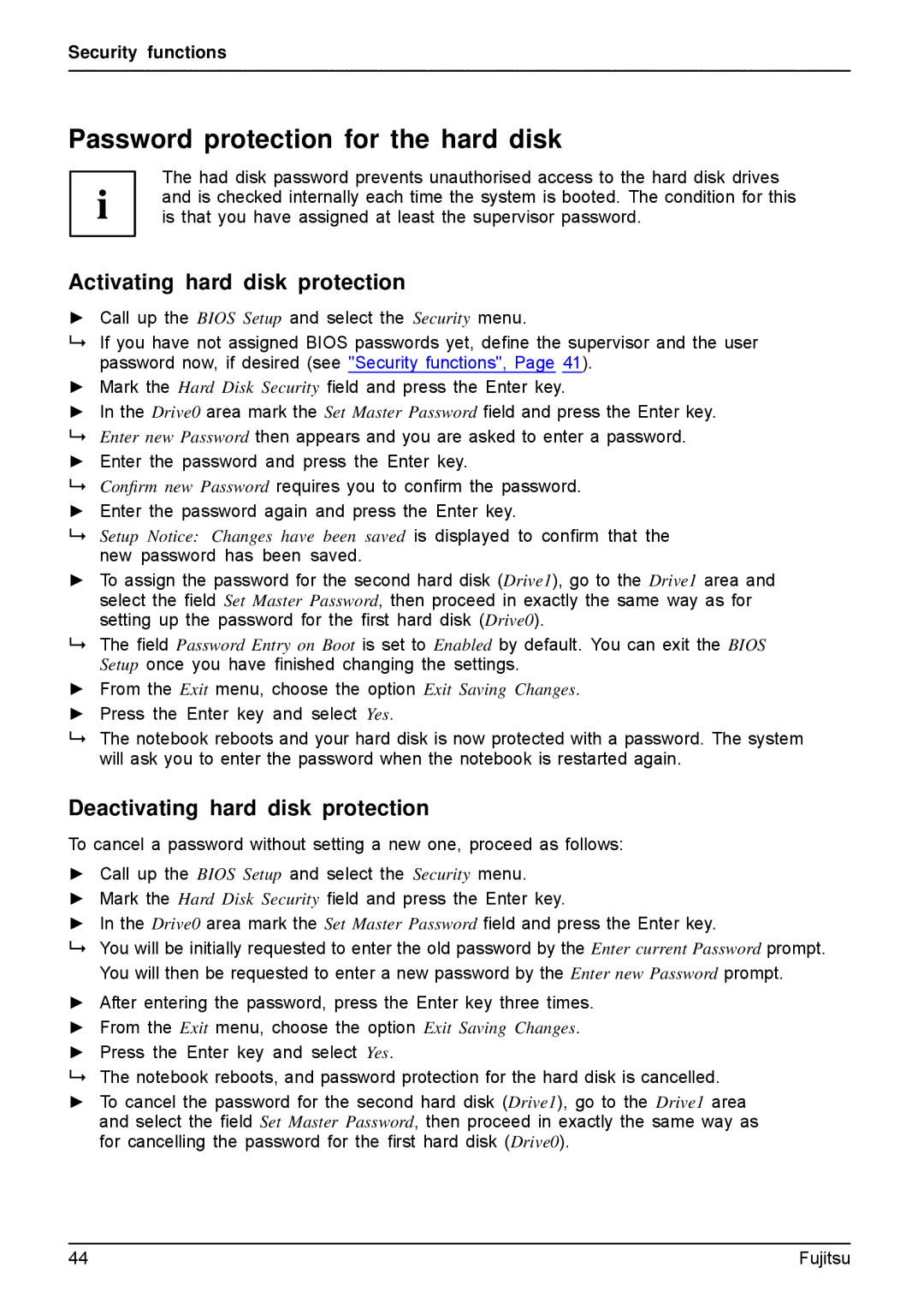 Fujitsu AH512, A512 manual Password protection for the hard disk, Activating hard disk protection 