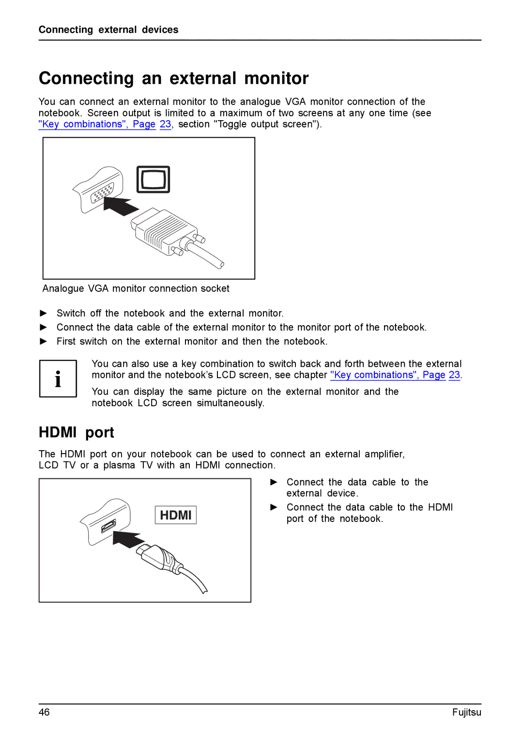 Fujitsu AH512, A512 manual Connecting an external monitor, Hdmi port 