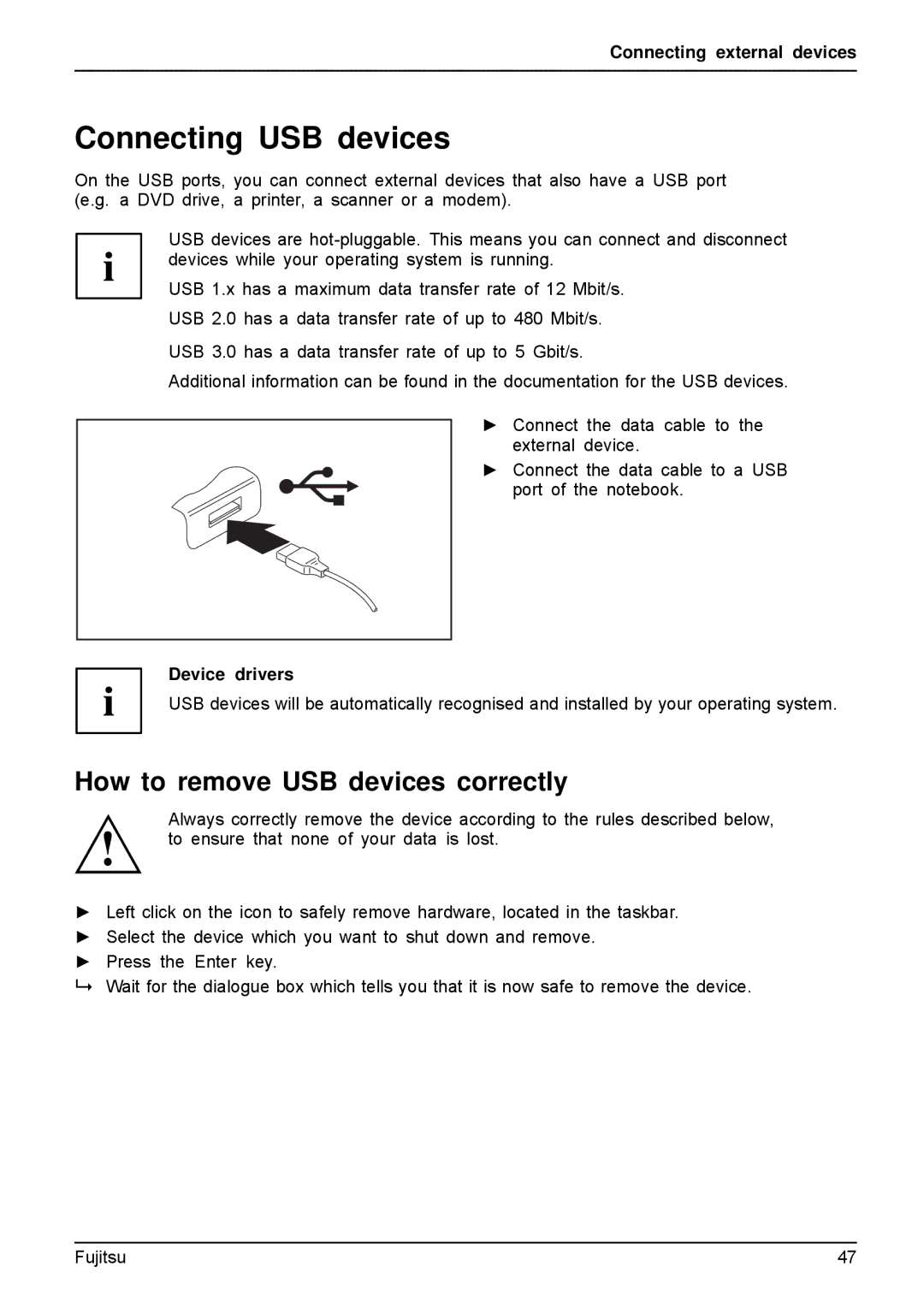 Fujitsu A512, AH512 manual Connecting USB devices, How to remove USB devices correctly, Device drivers 