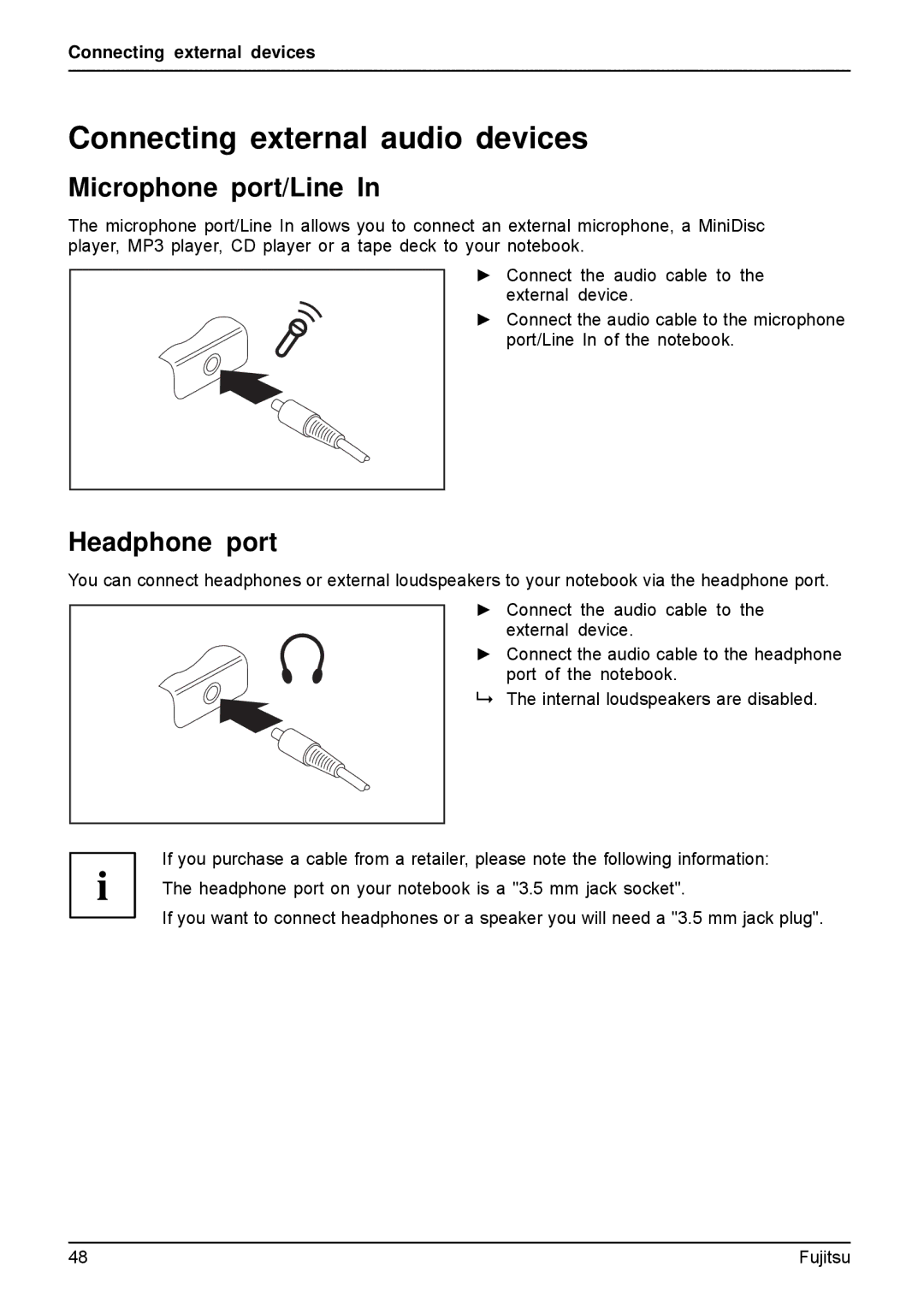 Fujitsu AH512, A512 manual Connecting external audio devices, Microphone port/Line, Headphone port 