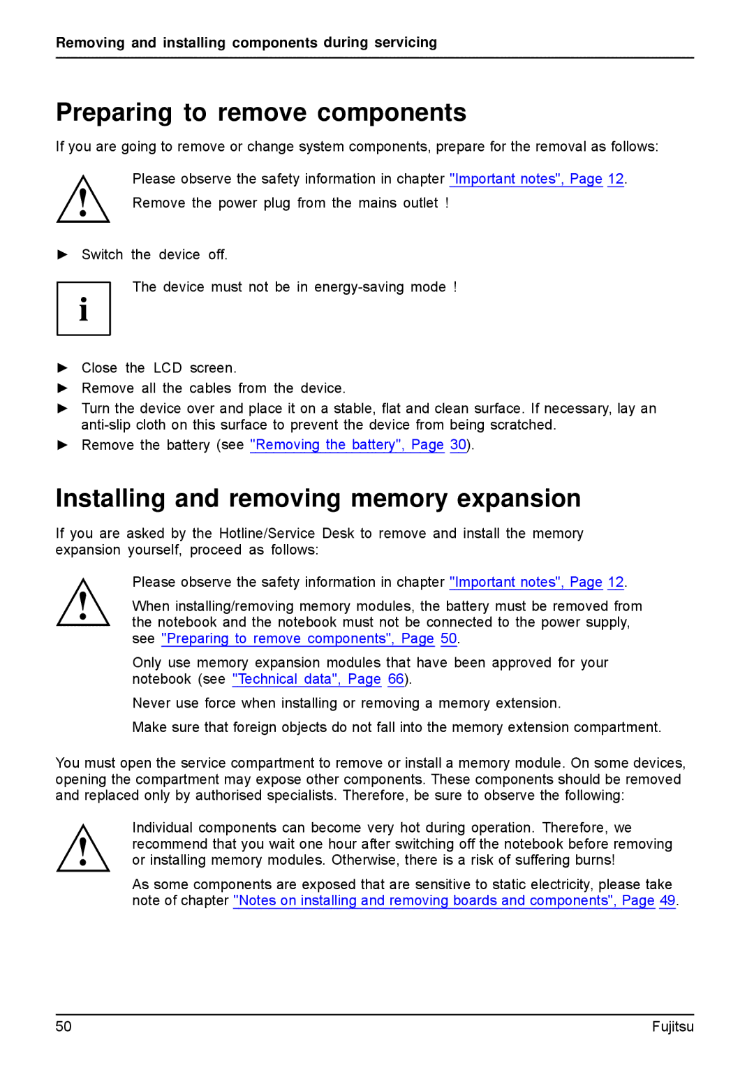 Fujitsu AH512, A512 manual Preparing to remove components, Installing and removing memory expansion 