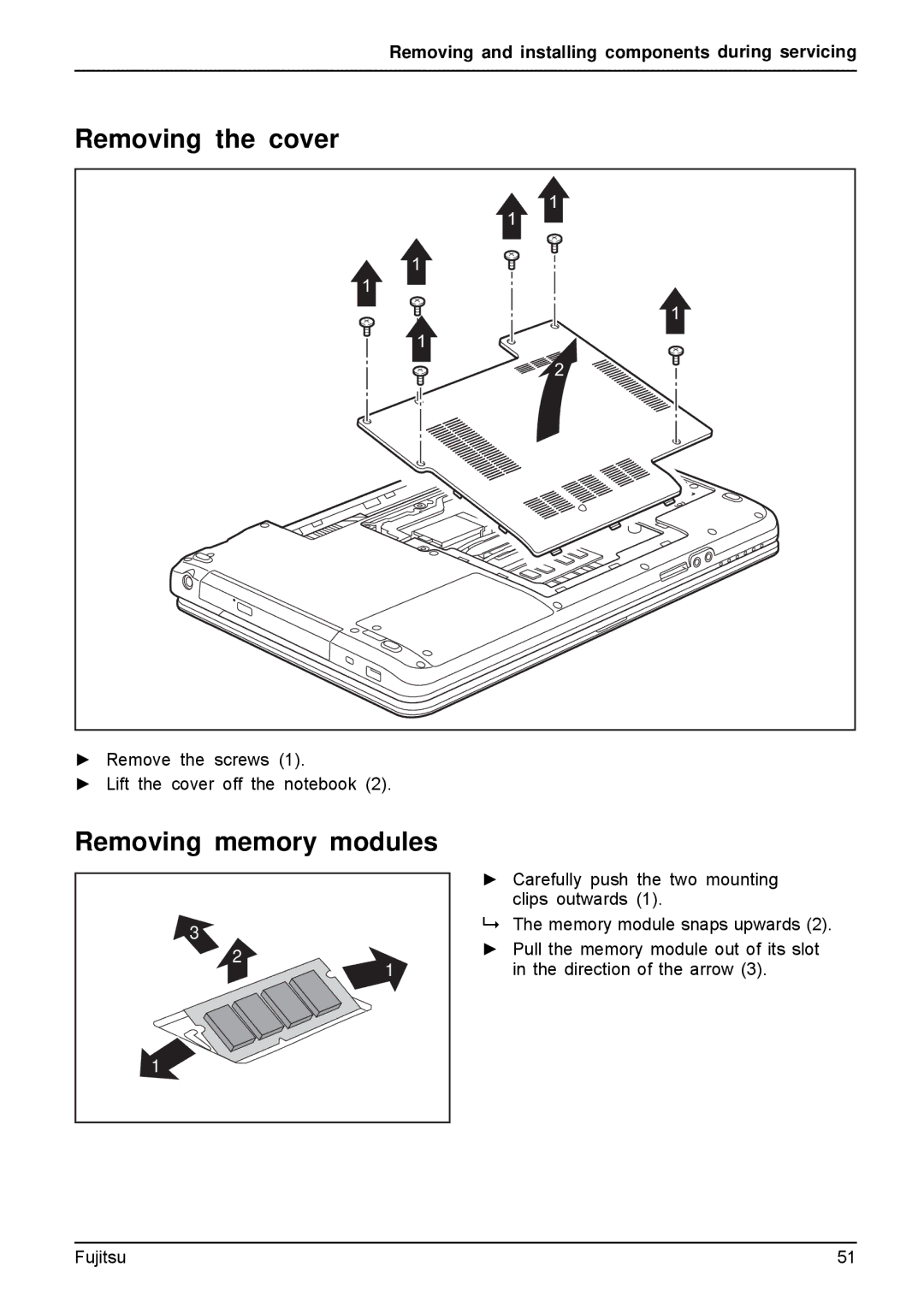 Fujitsu A512, AH512 manual Removing the cover, Removing memory modules 