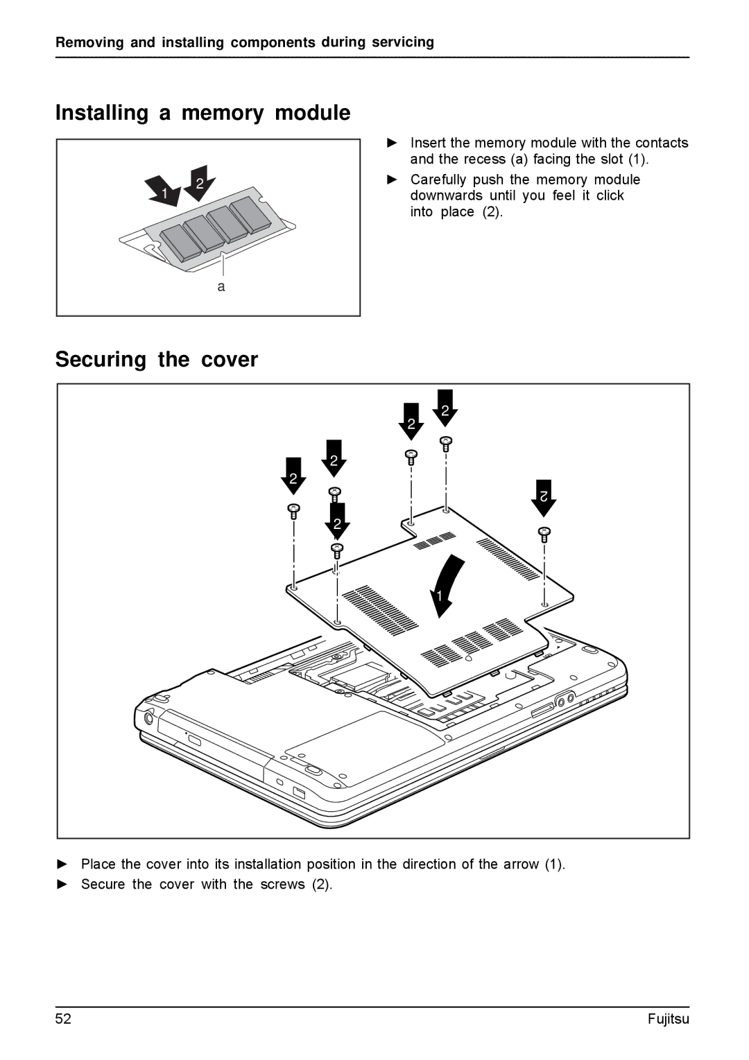 Fujitsu AH512, A512 manual Installing a memory module, Securing the cover 