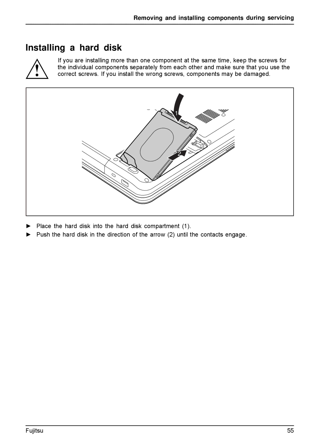 Fujitsu A512, AH512 manual Installing a hard disk 