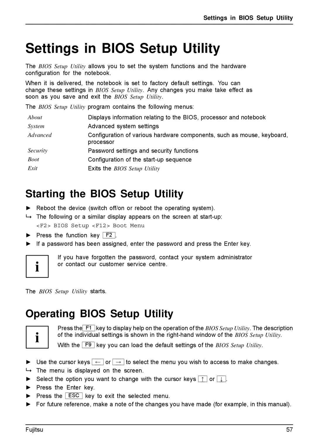 Fujitsu A512, AH512 manual Settings in Bios Setup Utility, Starting the Bios Setup Utility, Operating Bios Setup Utility 