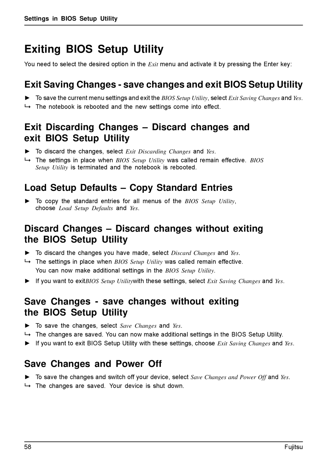 Fujitsu AH512, A512 manual Exiting Bios Setup Utility, Load Setup Defaults Copy Standard Entries, Save Changes and Power Off 