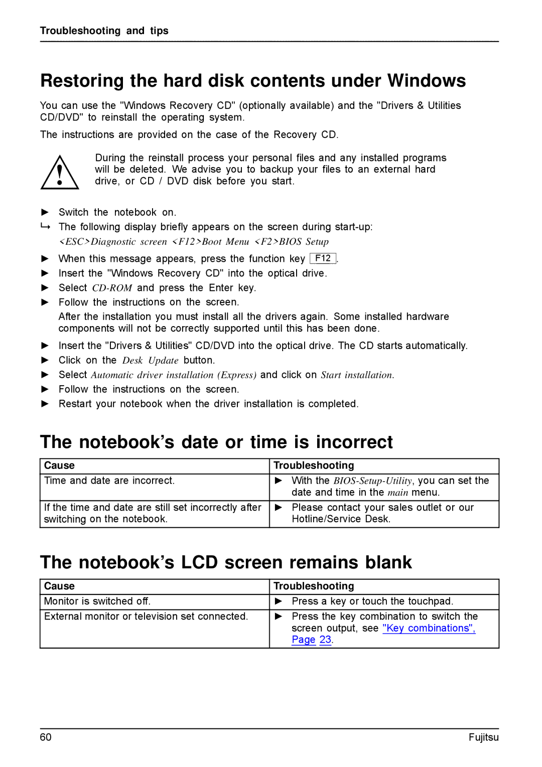 Fujitsu AH512, A512 manual Restoring the hard disk contents under Windows 