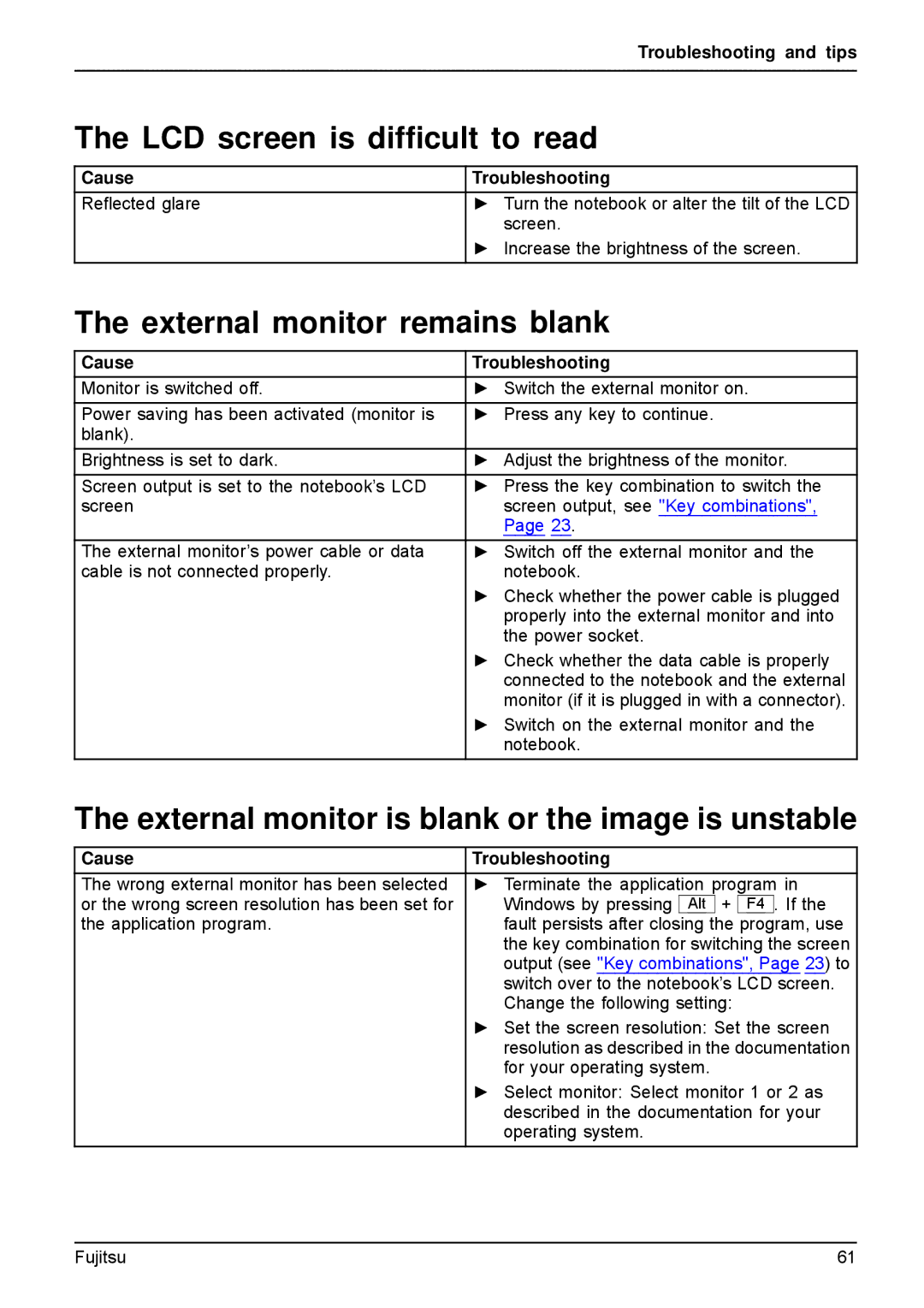 Fujitsu A512, AH512 manual LCD screen is difﬁcult to read, External monitor remains blank, Cause 