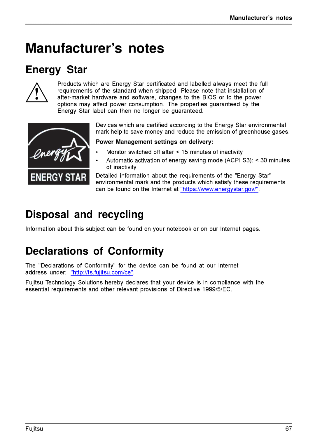 Fujitsu A512, AH512 manual Manufacturer’s notes, Energy Star, Disposal and recycling, Declarations of Conformity 