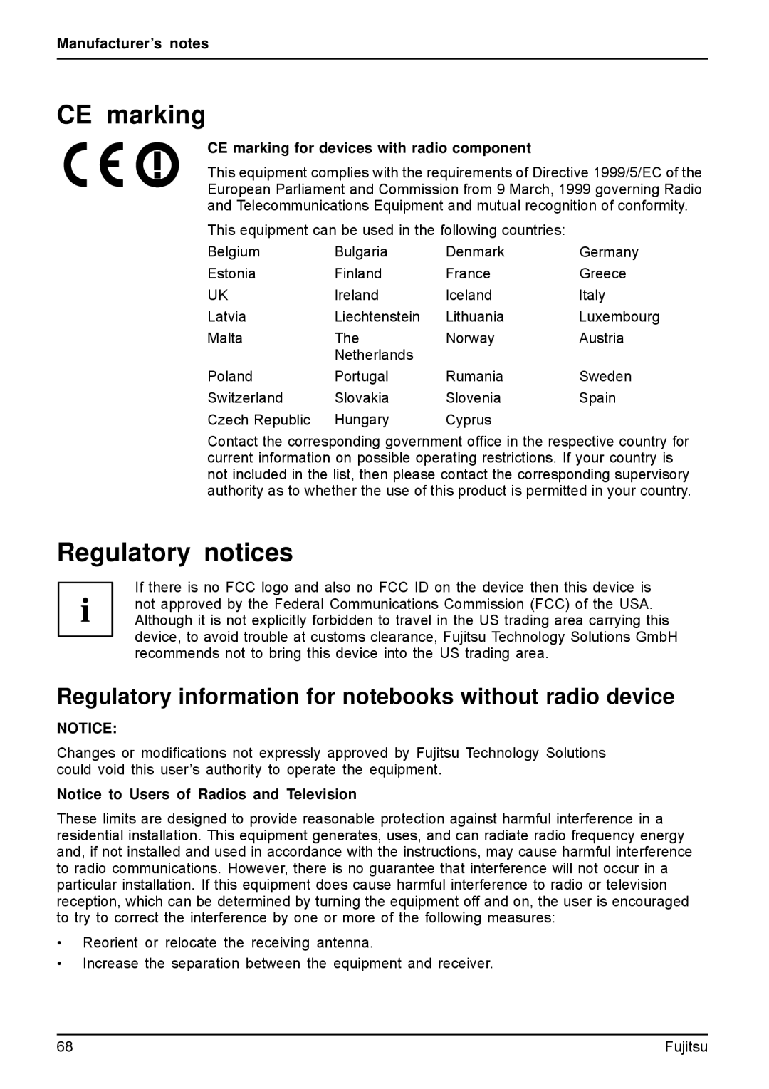 Fujitsu AH512, A512 manual CE marking, Regulatory notices, Regulatory information for notebooks without radio device 