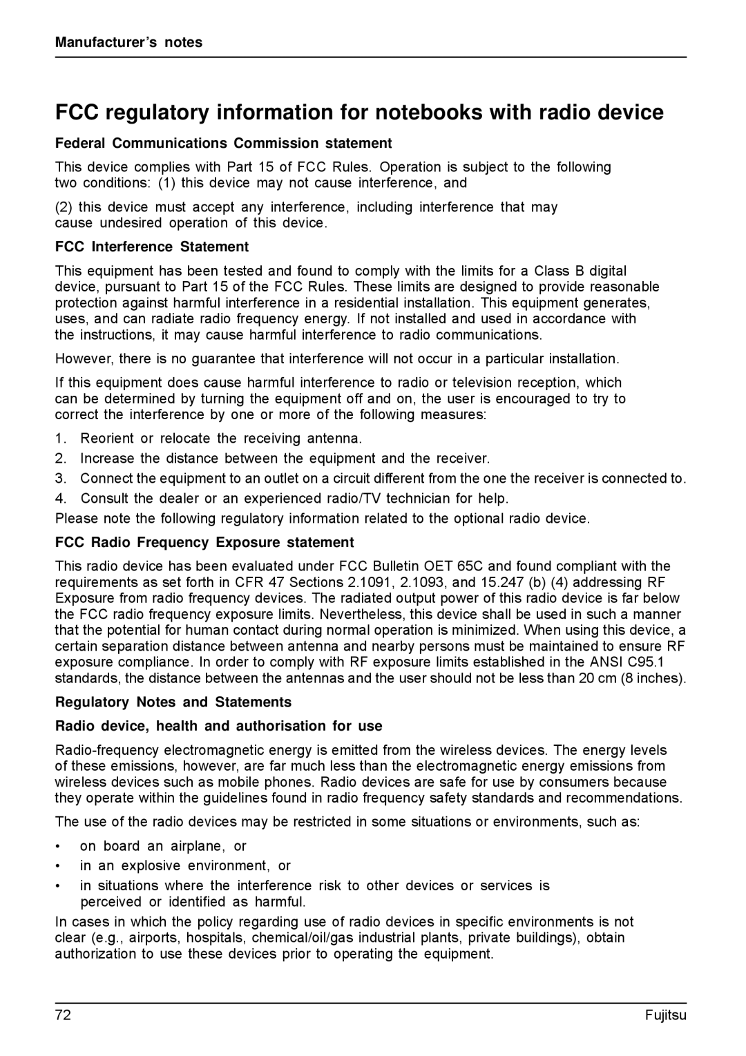 Fujitsu AH512 FCC regulatory information for notebooks with radio device, Federal Communications Commission statement 