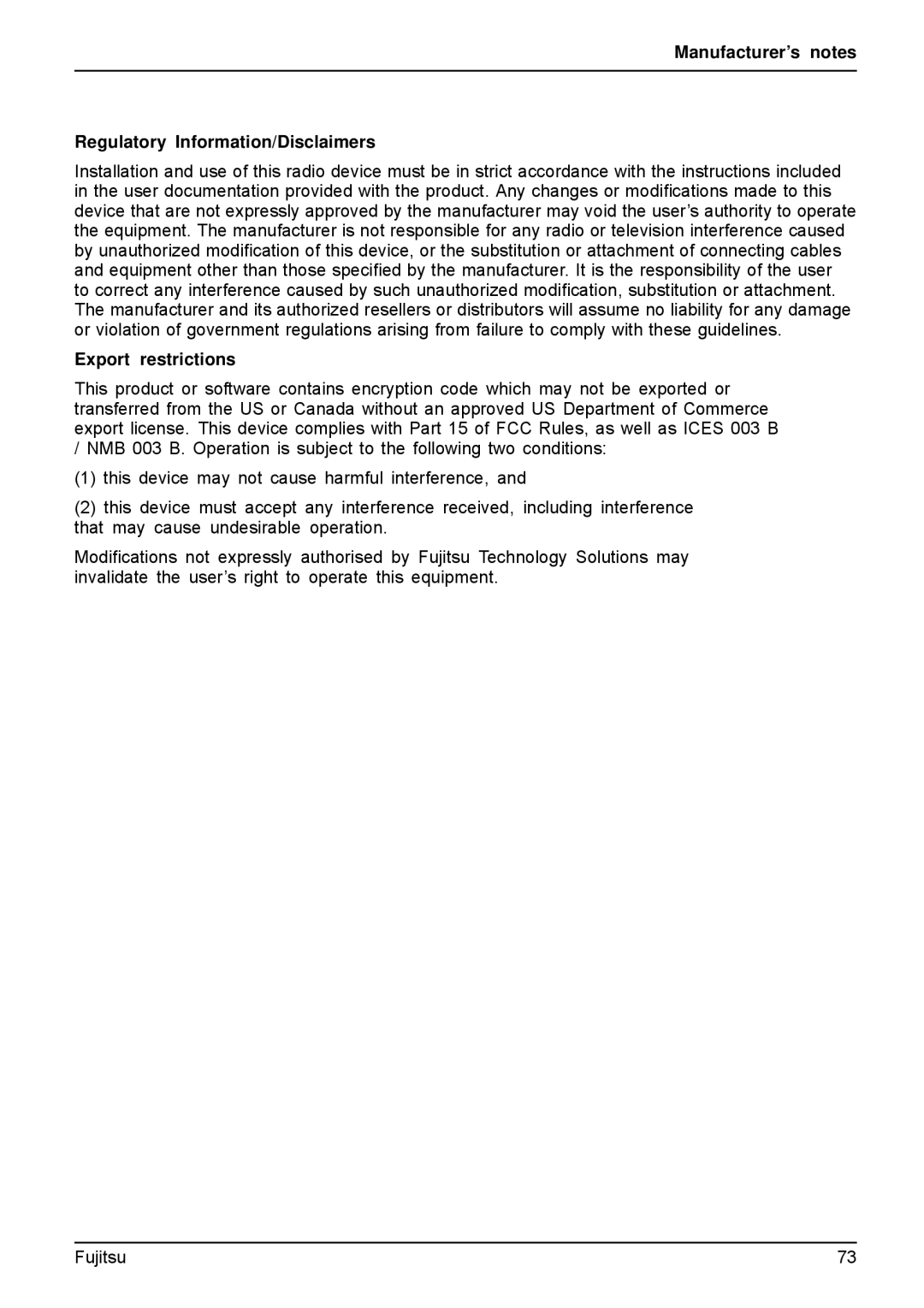 Fujitsu A512, AH512 manual Manufacturer’s notes Regulatory Information/Disclaimers, Export restrictions 