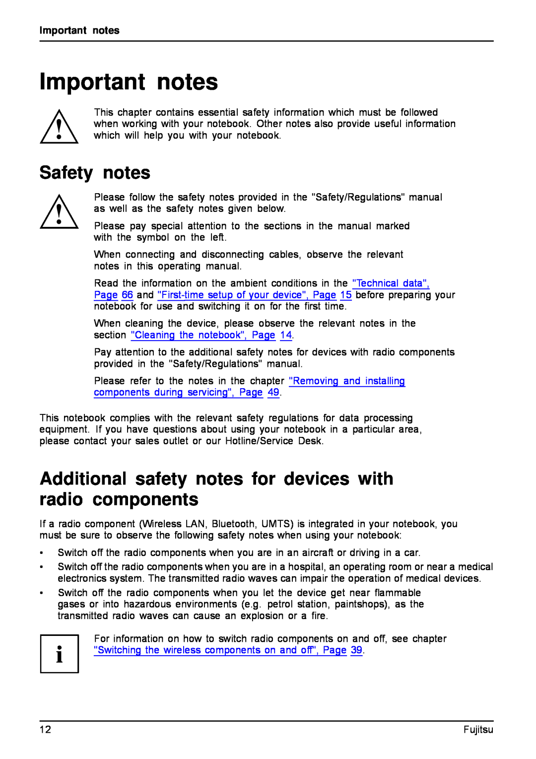 Fujitsu AH512, A512 manual Important notes, Safety notes, Additional safety notes for devices with radio components 