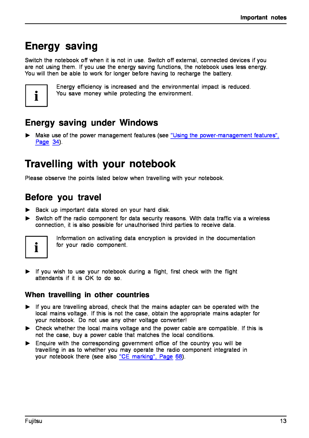 Fujitsu A512, AH512 Travelling with your notebook, Energy saving under Windows, Before you travel, Important notes 