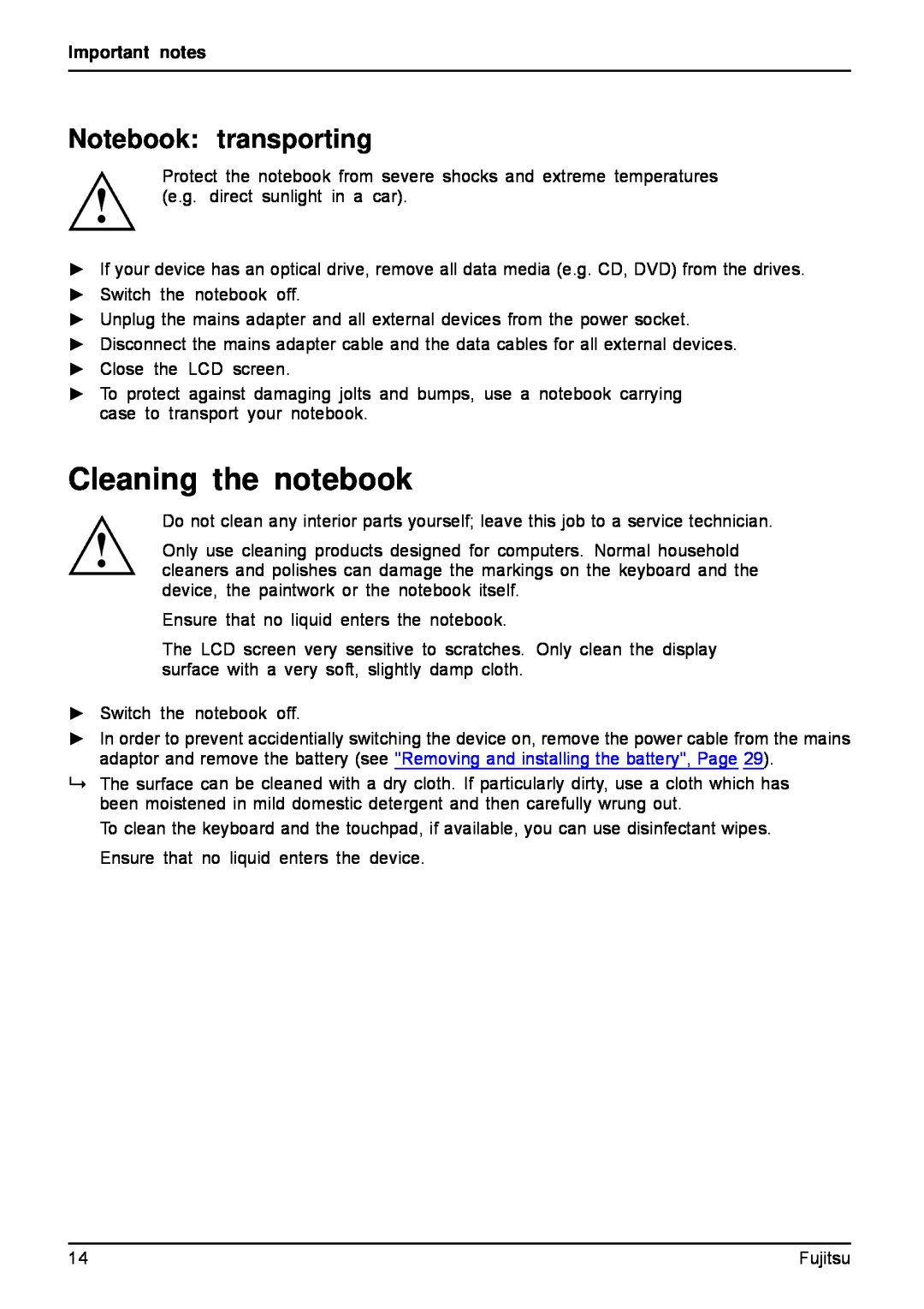 Fujitsu AH512, A512 manual Cleaning the notebook, Notebook transporting, Important notes 