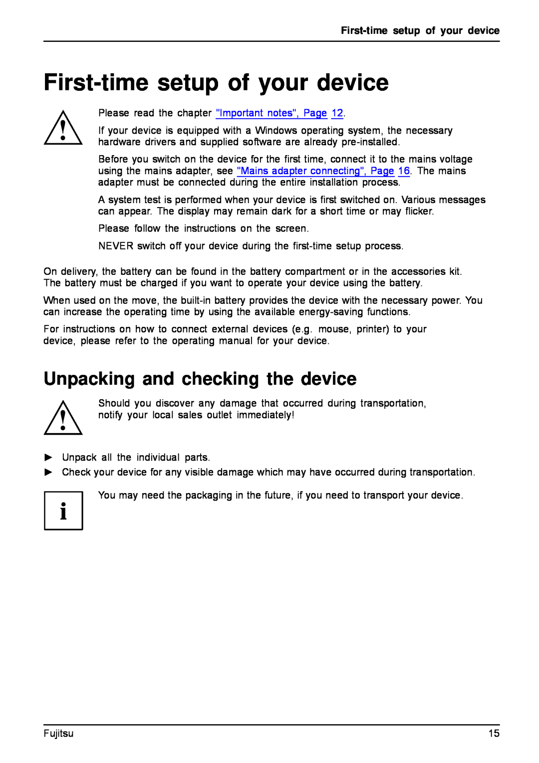 Fujitsu A512, AH512 manual First-time setup of your device, Unpacking and checking the device 