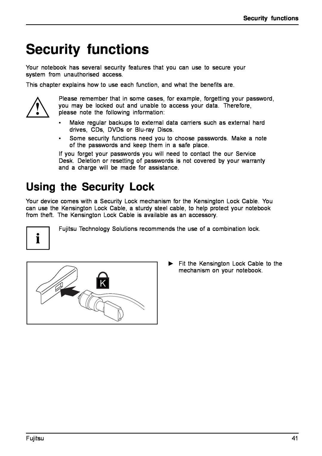 Fujitsu A512, AH512 manual Security functions, Using the Security Lock 