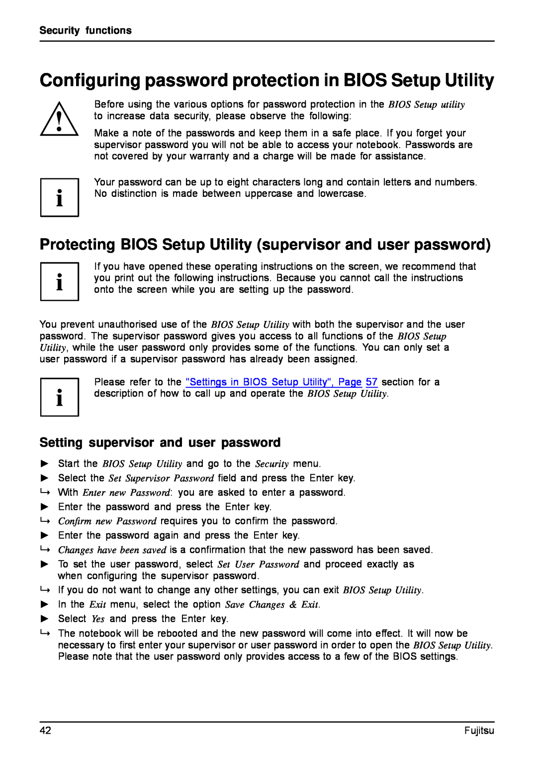 Fujitsu AH512, A512 manual Conﬁguring password protection in BIOS Setup Utility, Security functions 