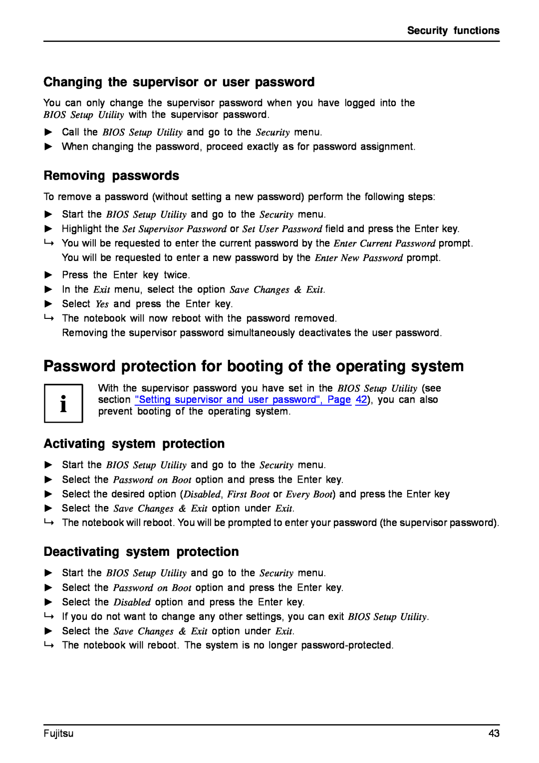 Fujitsu A512, AH512 manual Password protection for booting of the operating system, Changing the supervisor or user password 