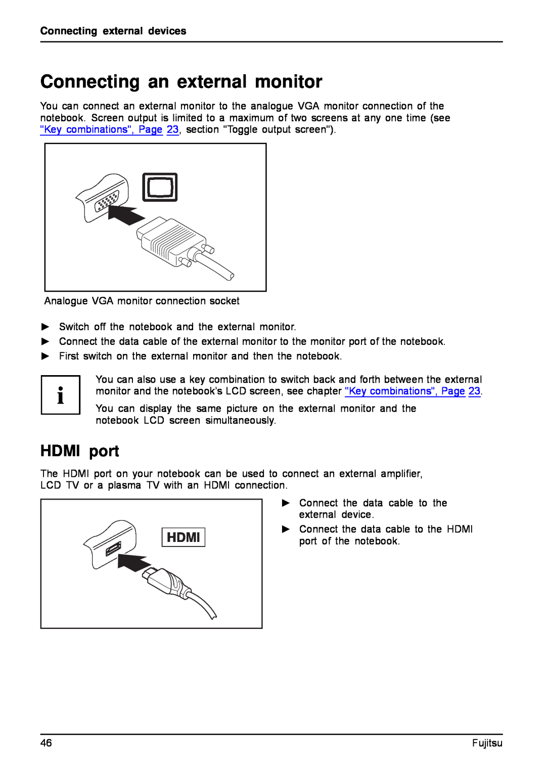 Fujitsu AH512, A512 manual Connecting an external monitor, HDMI port, Connecting external devices 