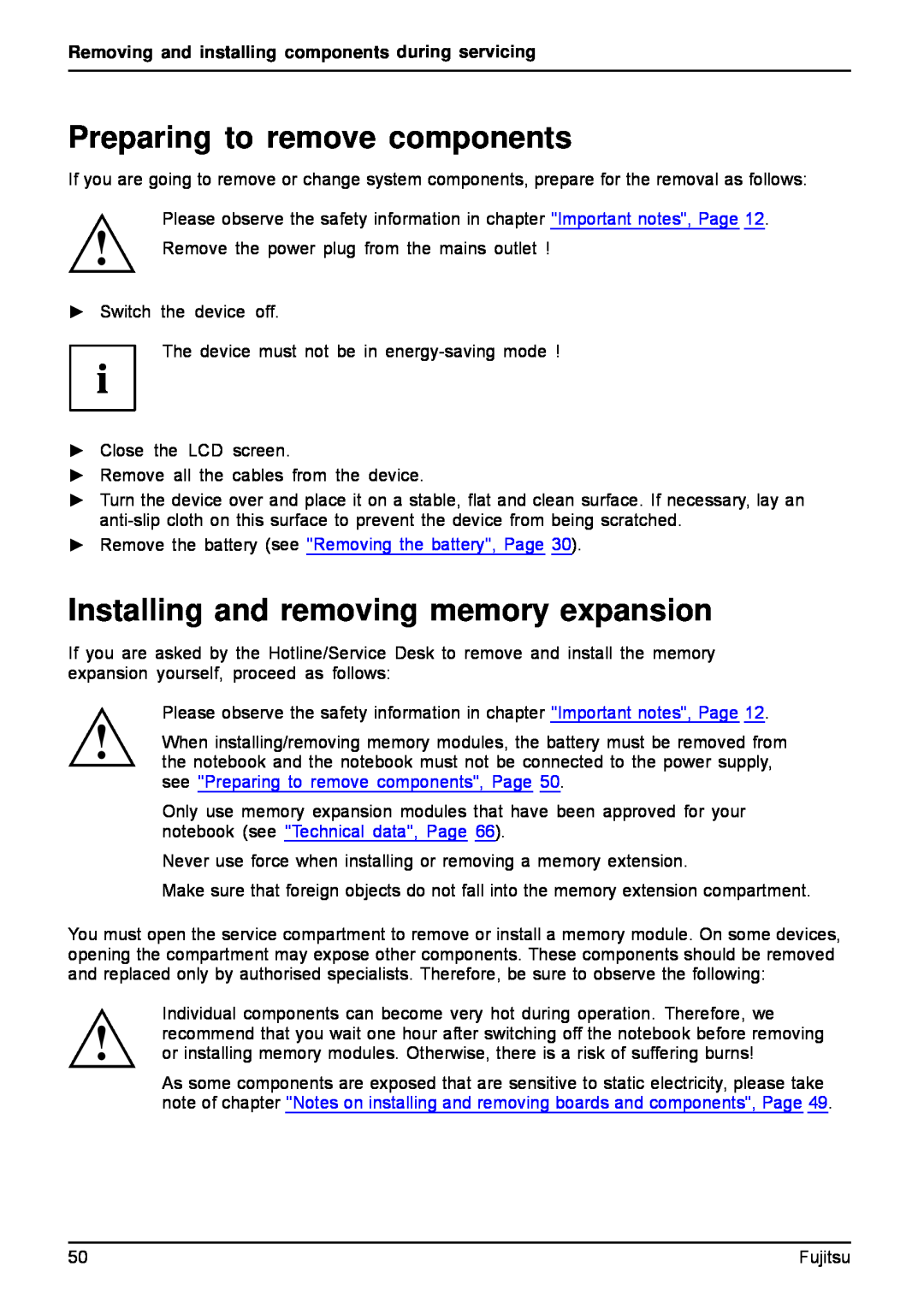 Fujitsu AH512, A512 manual Preparing to remove components, Installing and removing memory expansion 