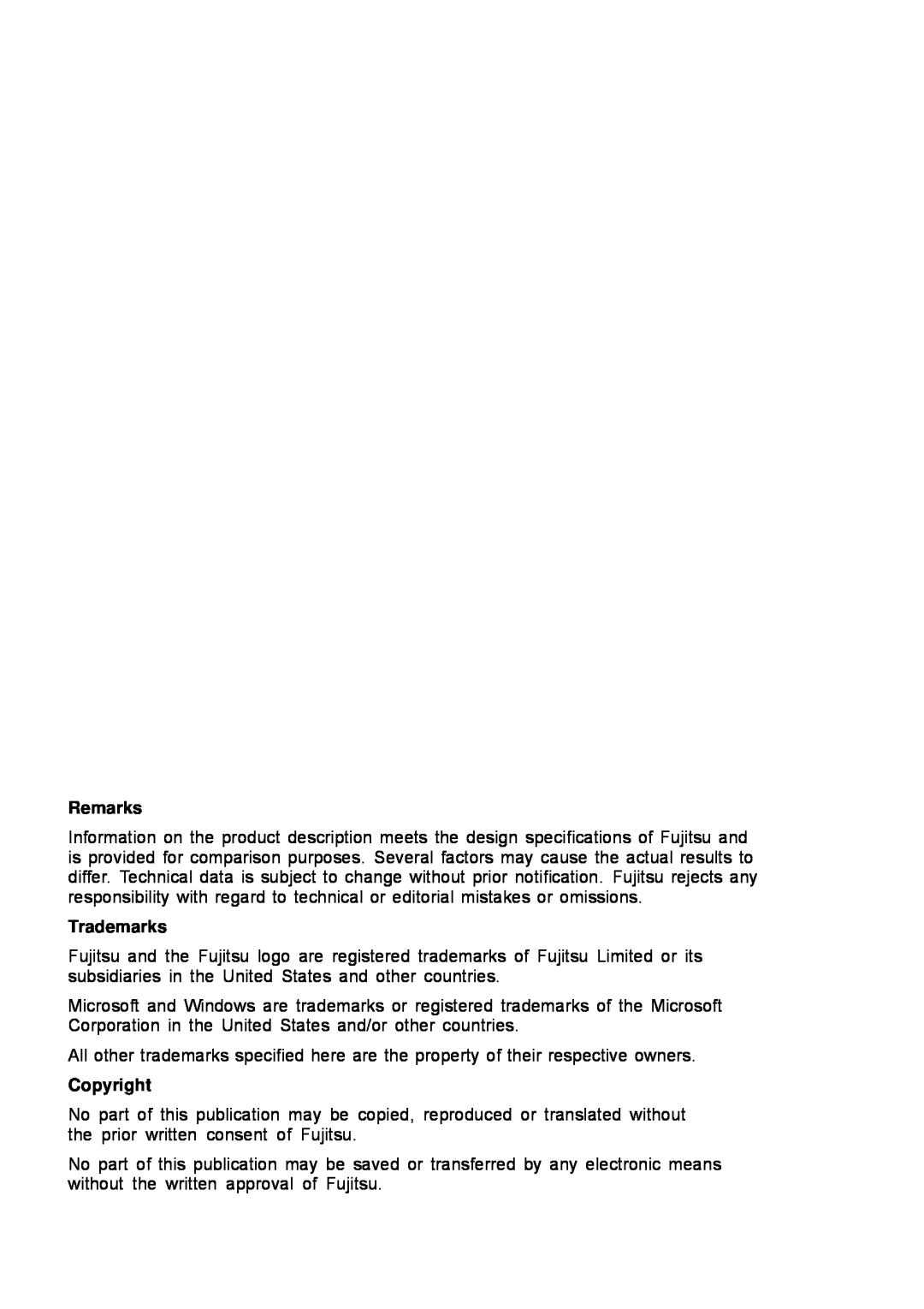 Fujitsu AH512, A512 manual Remarks, Trademarks, Copyright 