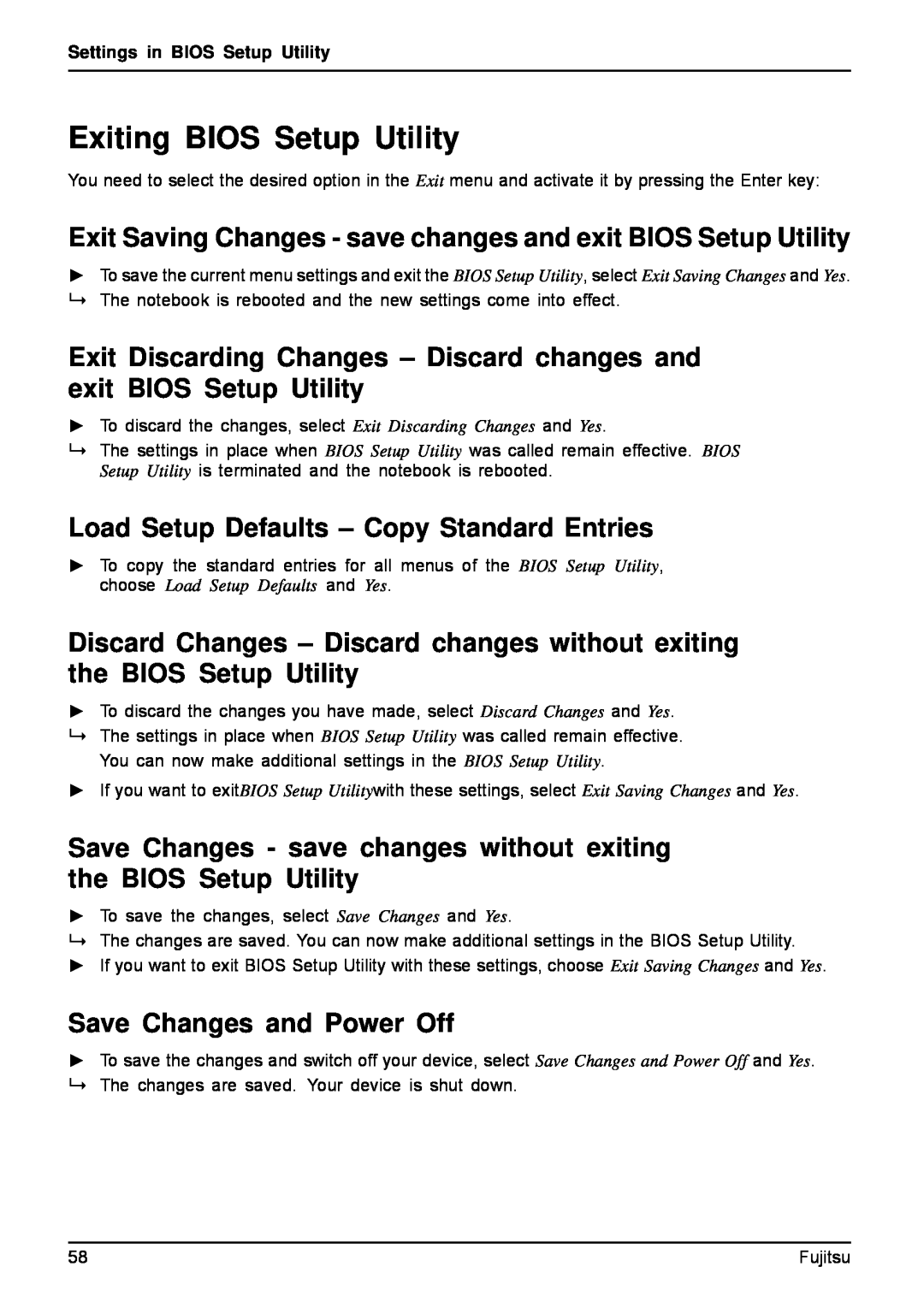 Fujitsu AH512, A512 manual Exiting BIOS Setup Utility, Exit Saving Changes - save changes and exit BIOS Setup Utility 