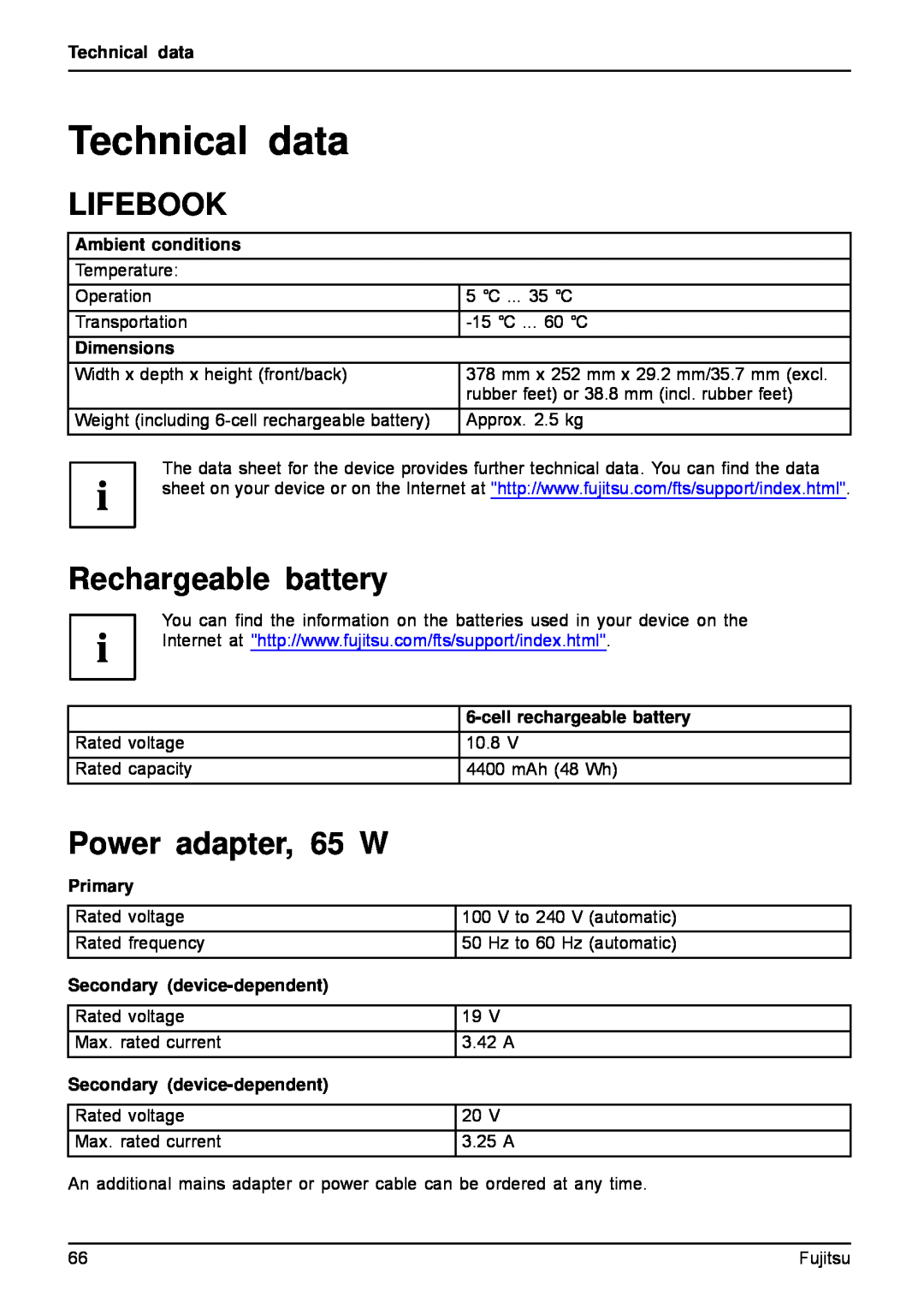 Fujitsu AH512 Technical data, Lifebook, Power adapter, 65 W, Rechargeable battery, Ambient conditions, Dimensions, Primary 