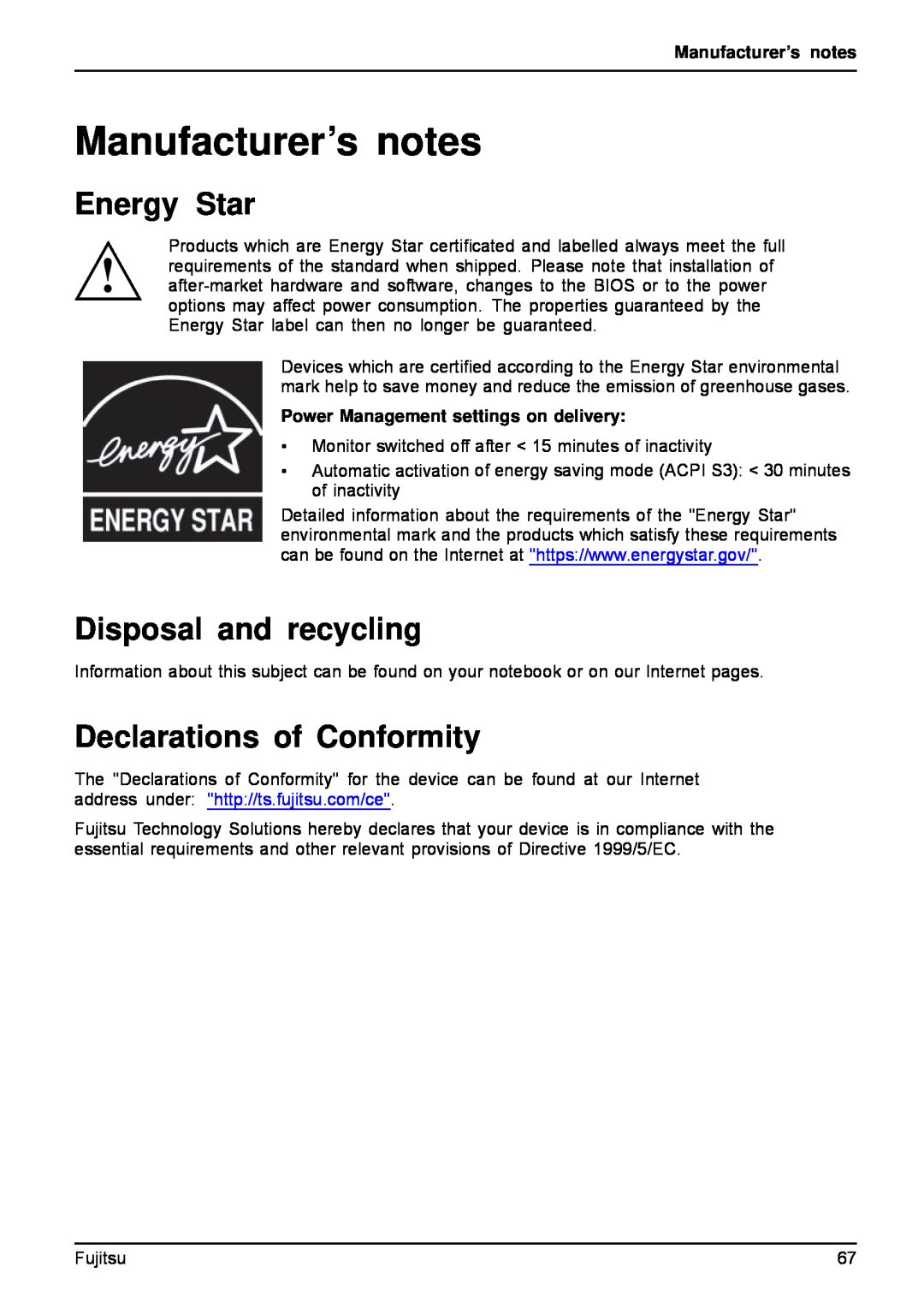 Fujitsu A512, AH512 manual Manufacturer’s notes, Energy Star, Disposal and recycling, Declarations of Conformity 