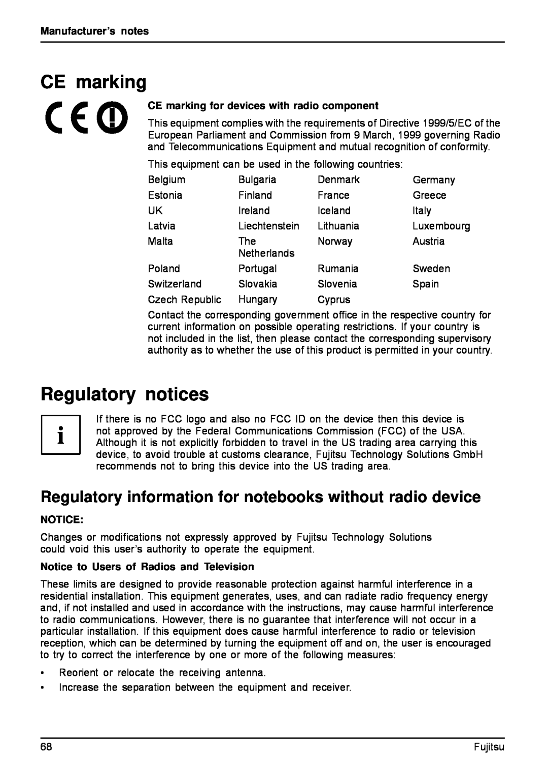 Fujitsu AH512, A512 manual CE marking, Regulatory notices, Regulatory information for notebooks without radio device 