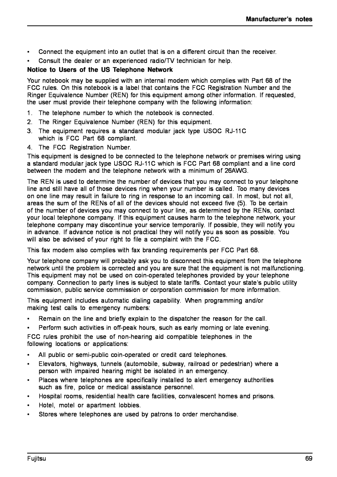 Fujitsu A512, AH512 manual Manufacturer’s notes, Notice to Users of the US Telephone Network 