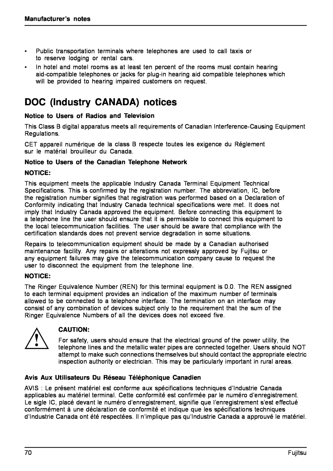 Fujitsu AH512, A512 manual DOC Industry CANADA notices, Manufacturer’s notes, Notice to Users of Radios and Television 