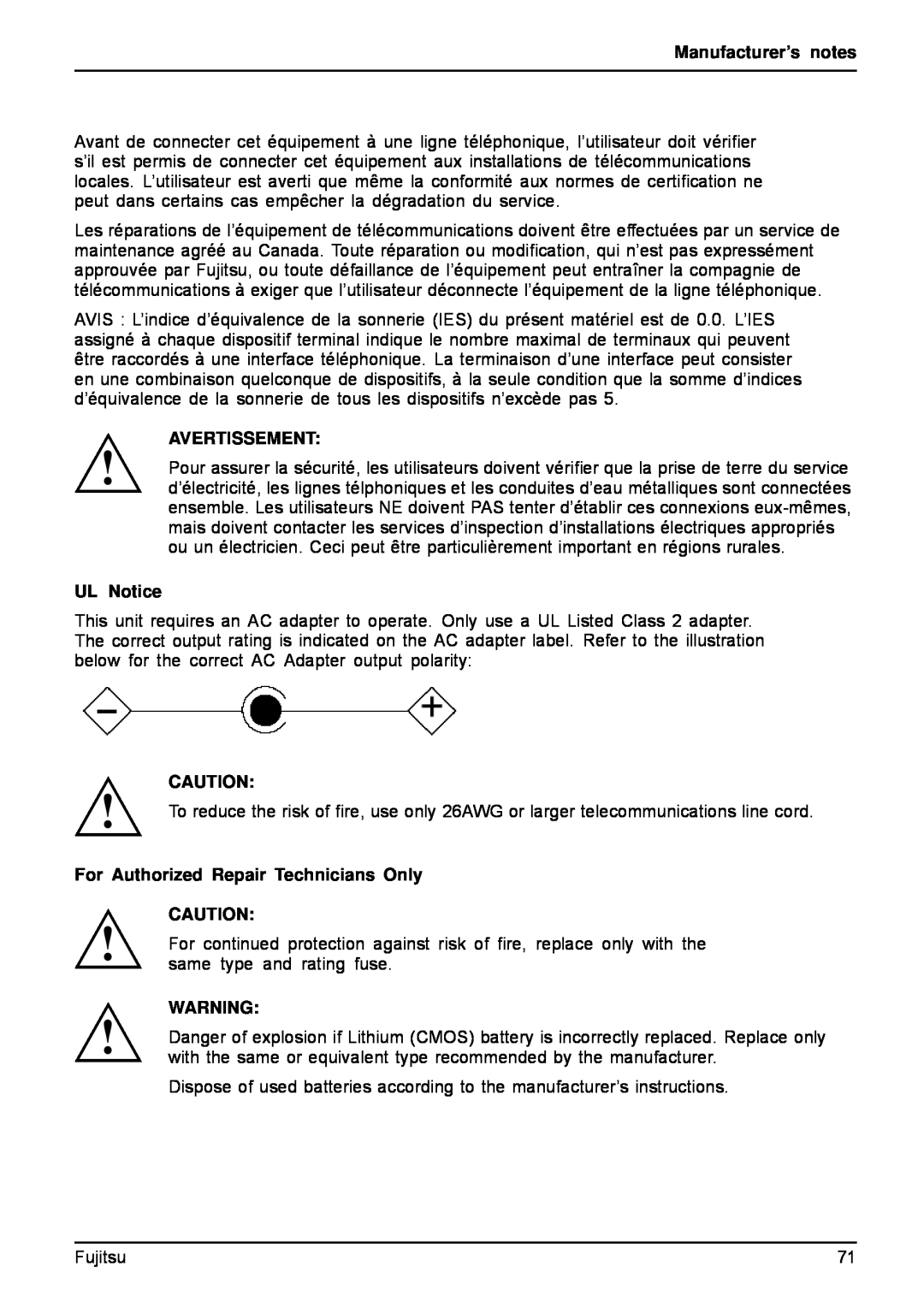 Fujitsu A512, AH512 manual Manufacturer’s notes, Avertissement, UL Notice, For Authorized Repair Technicians Only 
