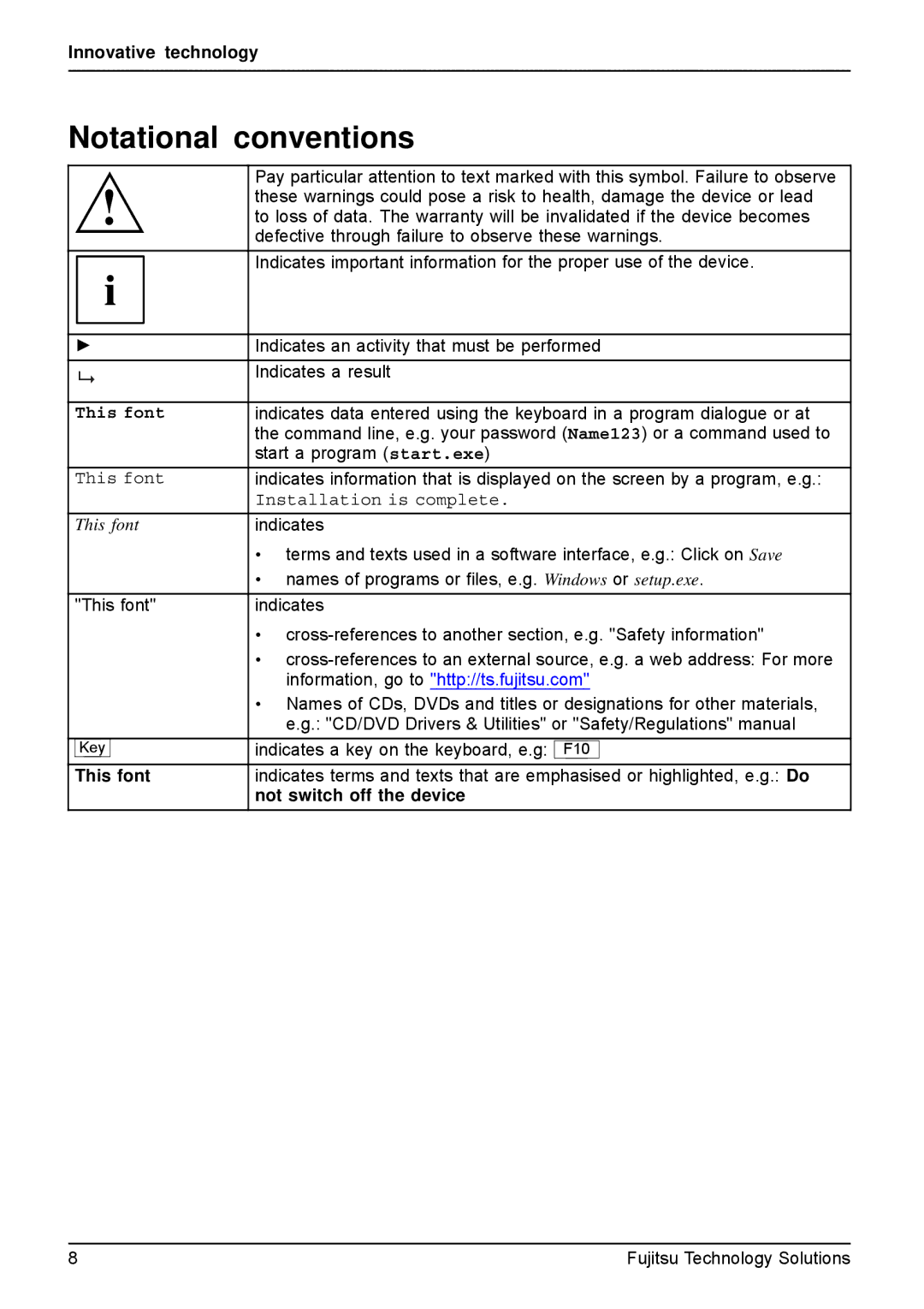 Fujitsu AH531, A531 manual Notational conventions, This font, Not switch off the device 