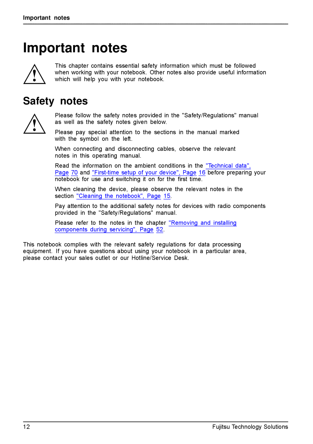 Fujitsu AH531, A531 manual Important notes, Safety notes 