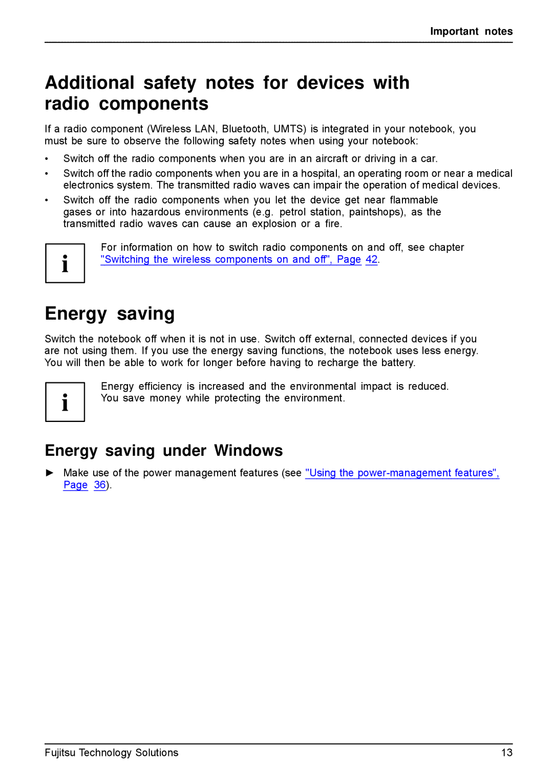 Fujitsu A531, AH531 manual Additional safety notes for devices with radio components, Energy saving under Windows 