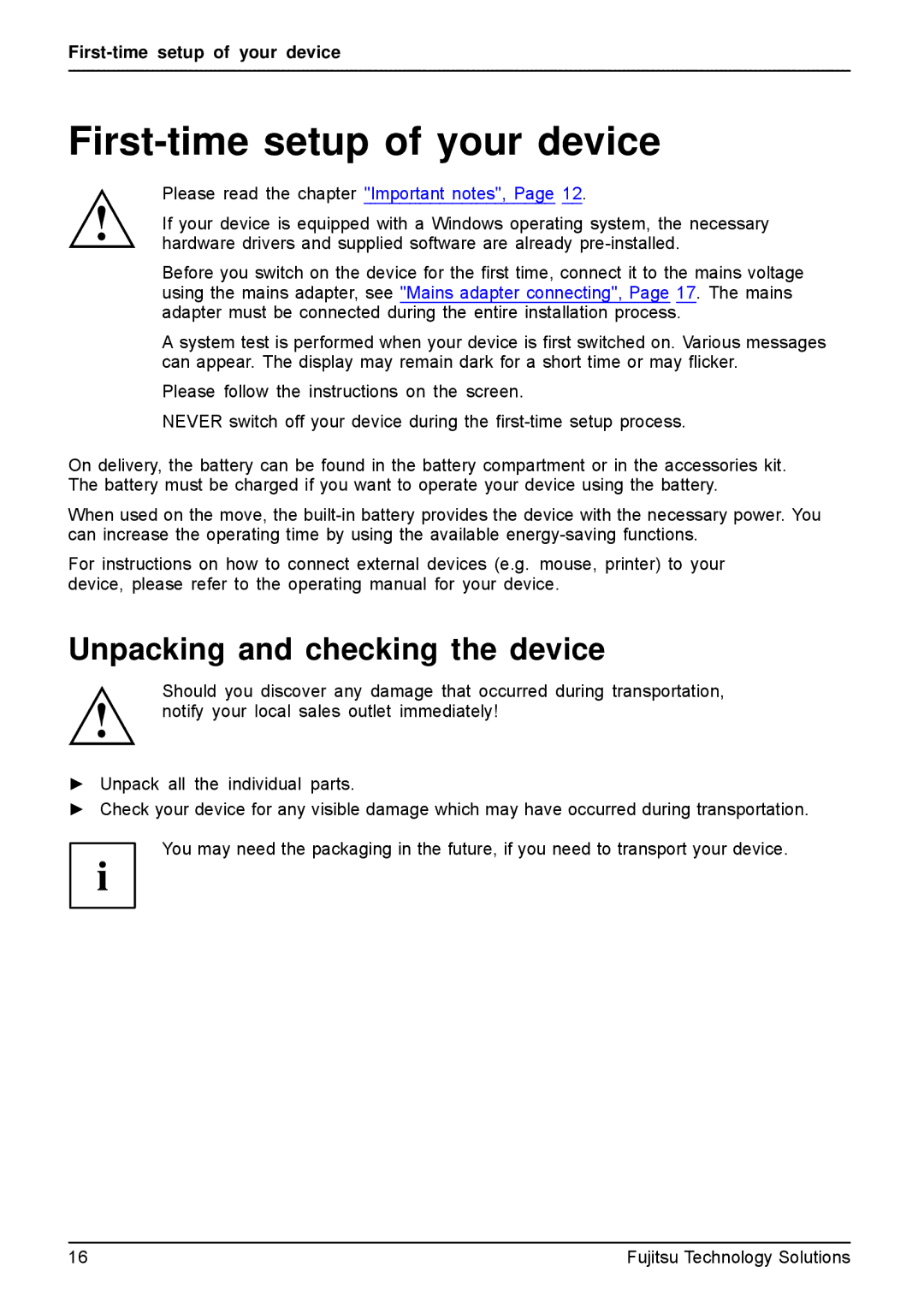 Fujitsu AH531, A531 manual First-time setup of your device, Unpacking and checking the device 