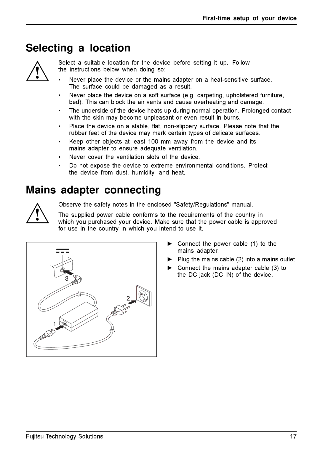 Fujitsu A531, AH531 manual Selecting a location, Mains adapter connecting 