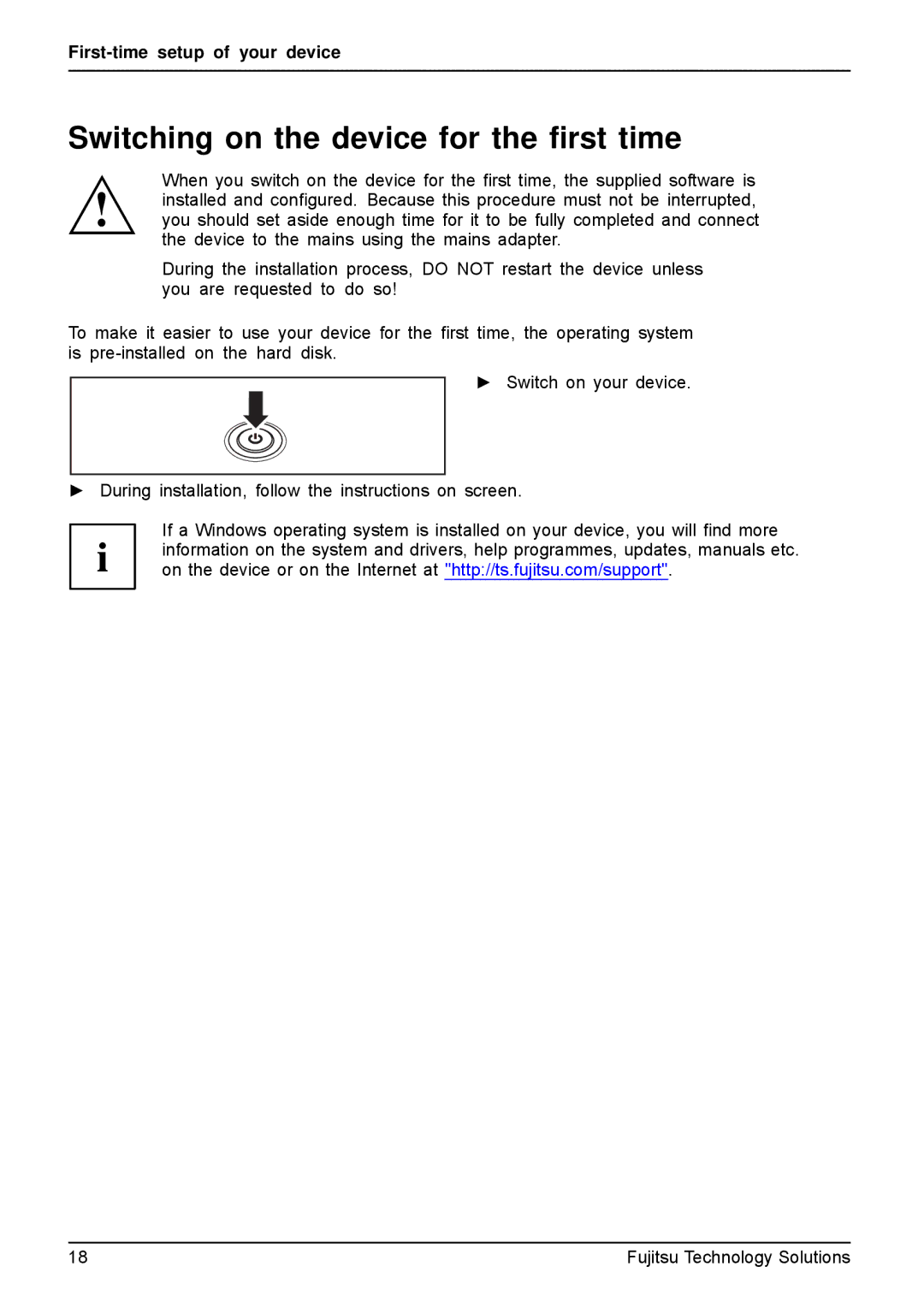 Fujitsu AH531, A531 manual Switching on the device for the ﬁrst time 