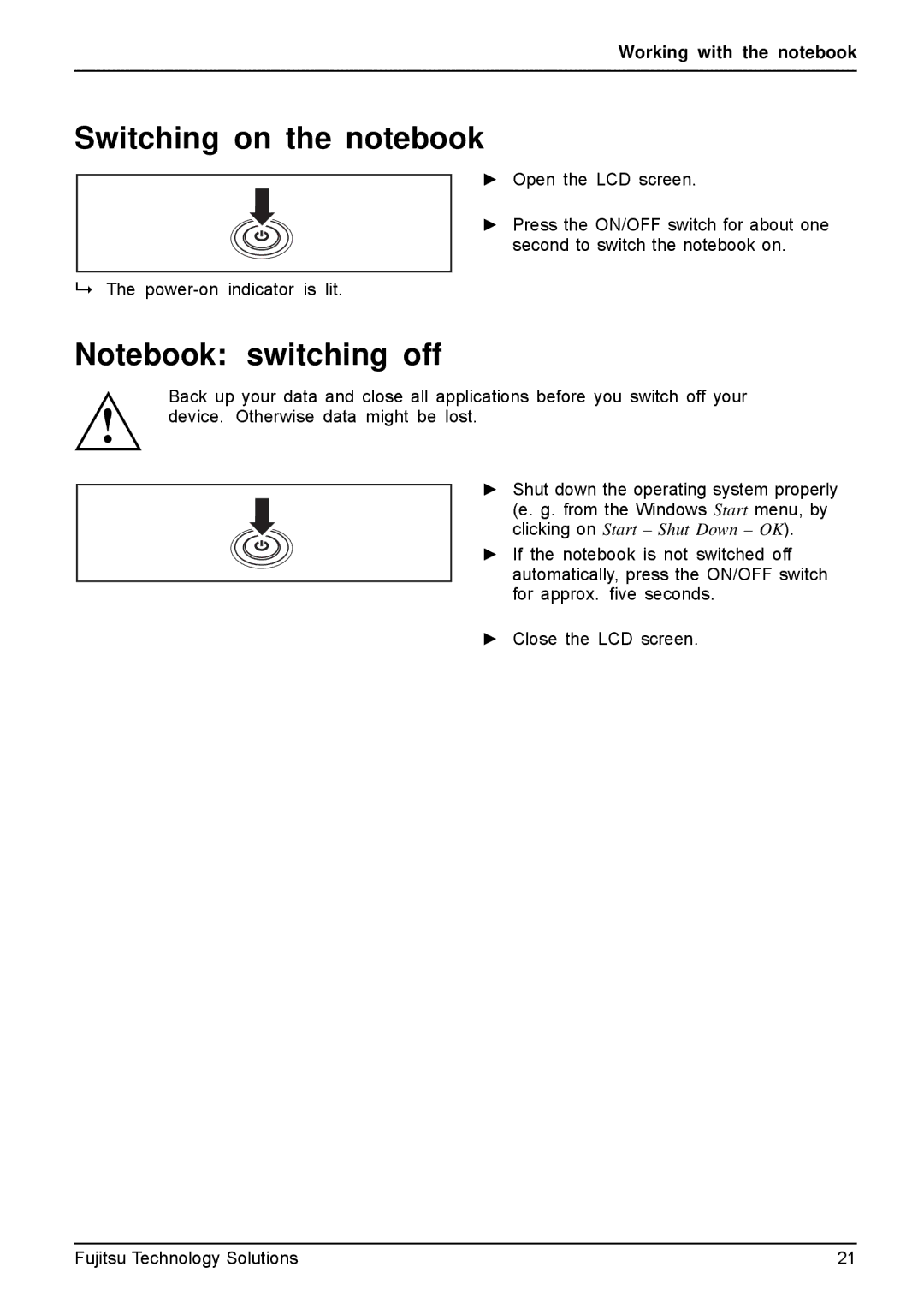 Fujitsu A531, AH531 manual Switching on the notebook 