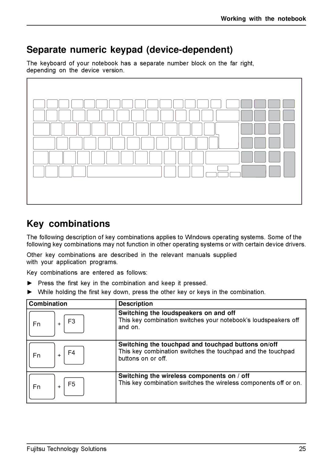 Fujitsu A531, AH531 Separate numeric keypad device-dependent, Key combinations, Switching the wireless components on / off 