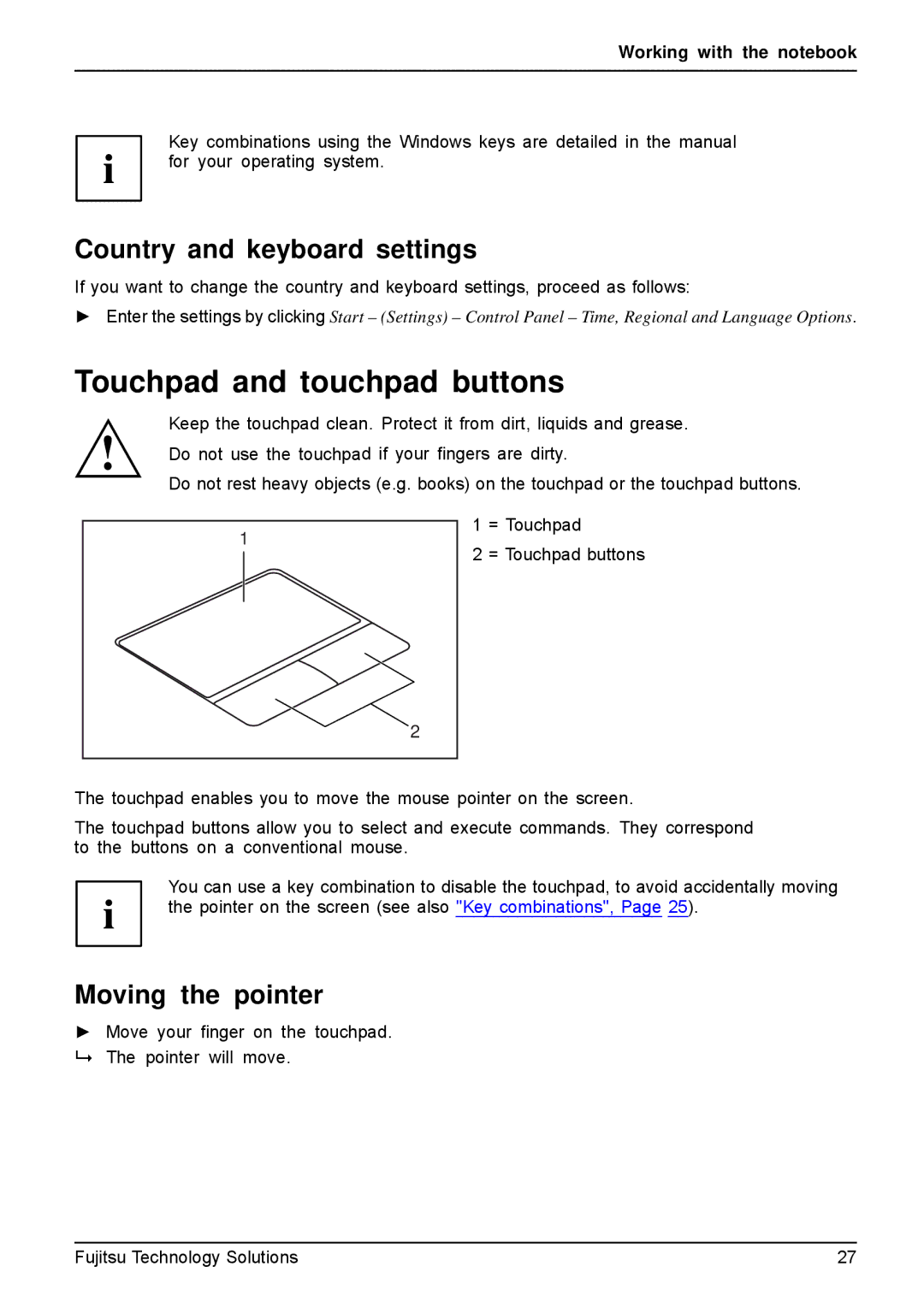 Fujitsu A531, AH531 manual Touchpad and touchpad buttons, Country and keyboard settings, Moving the pointer 