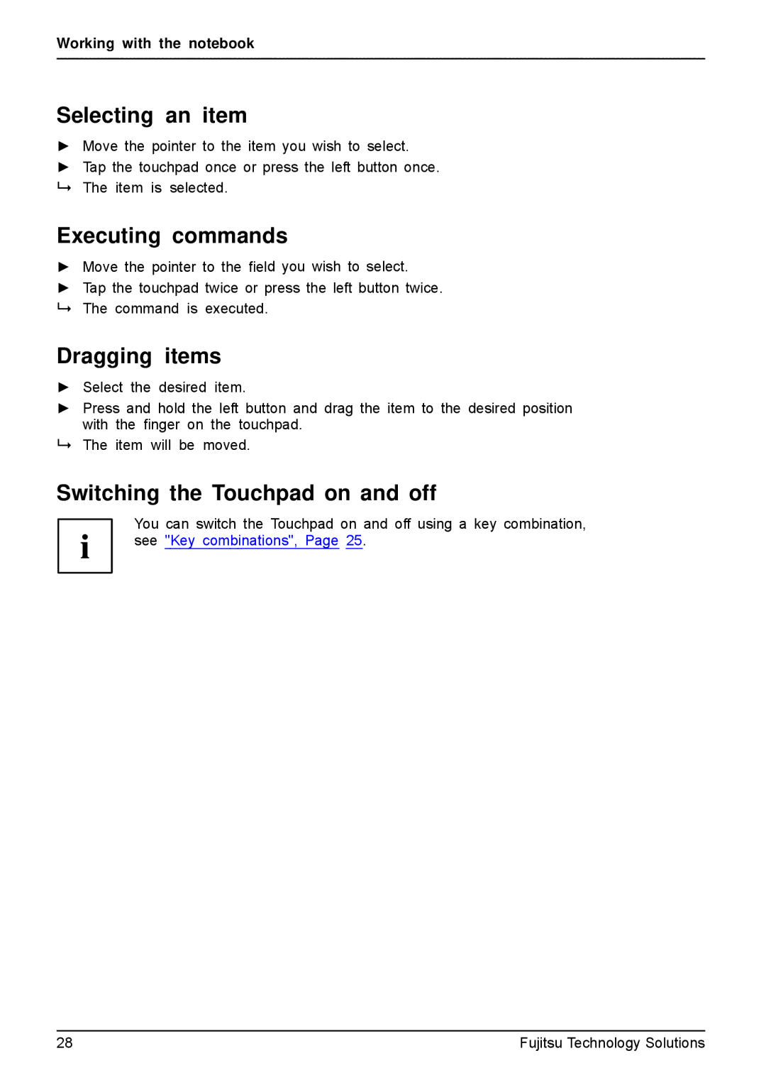 Fujitsu AH531, A531 manual Selecting an item, Executing commands, Dragging items, Switching the Touchpad on and off 