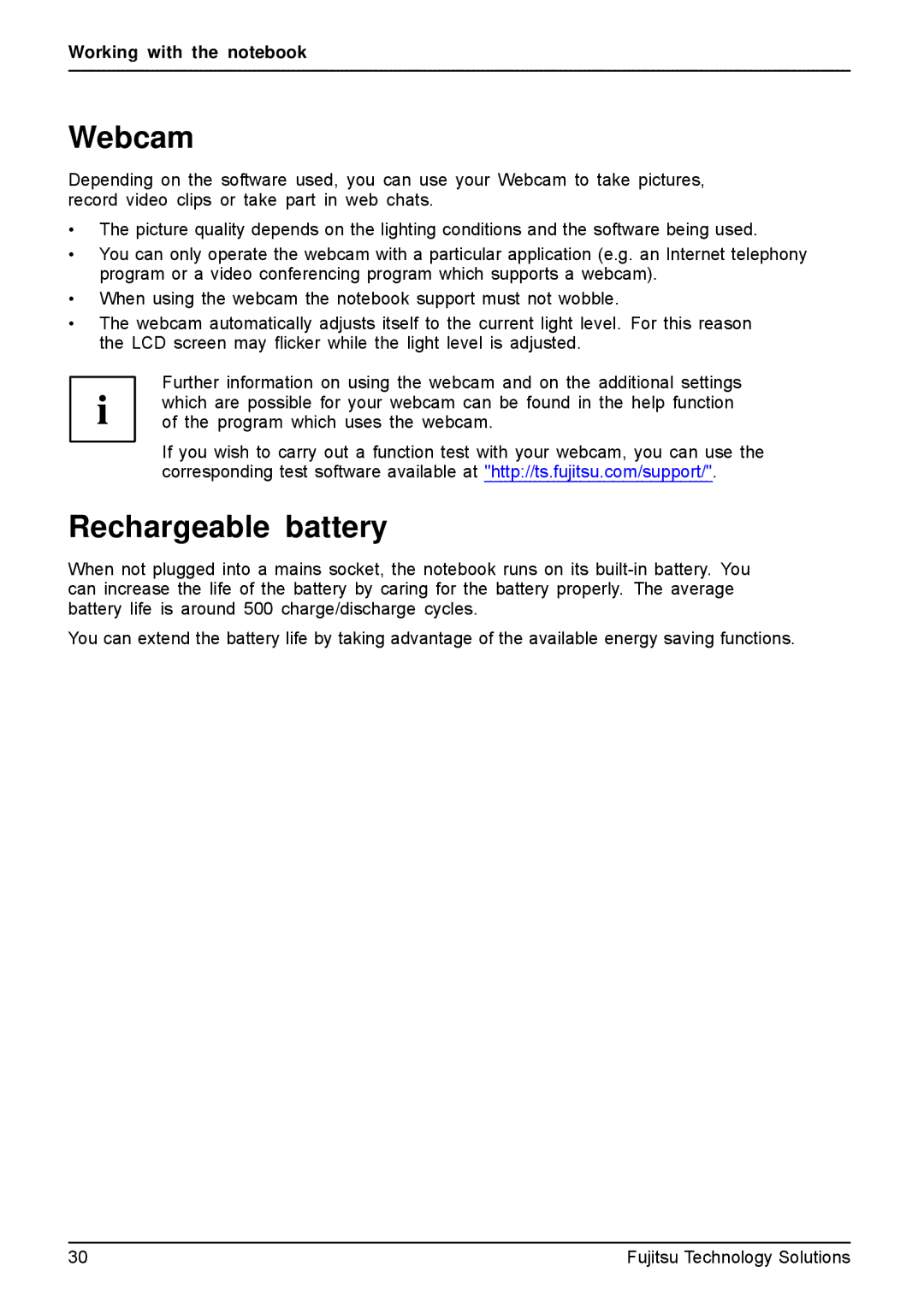 Fujitsu AH531, A531 manual Webcam, Rechargeable battery 