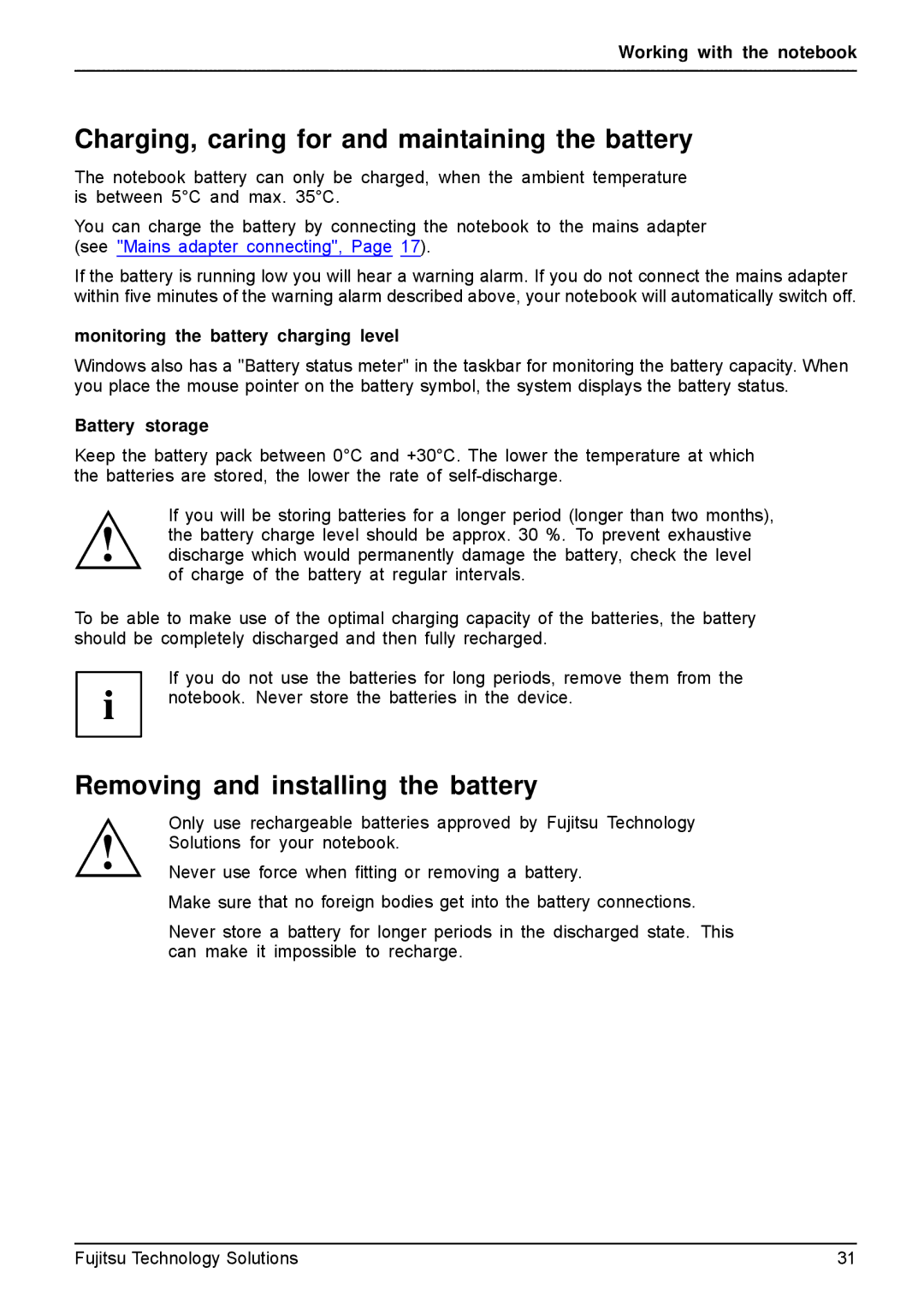 Fujitsu A531, AH531 Charging, caring for and maintaining the battery, Removing and installing the battery, Battery storage 