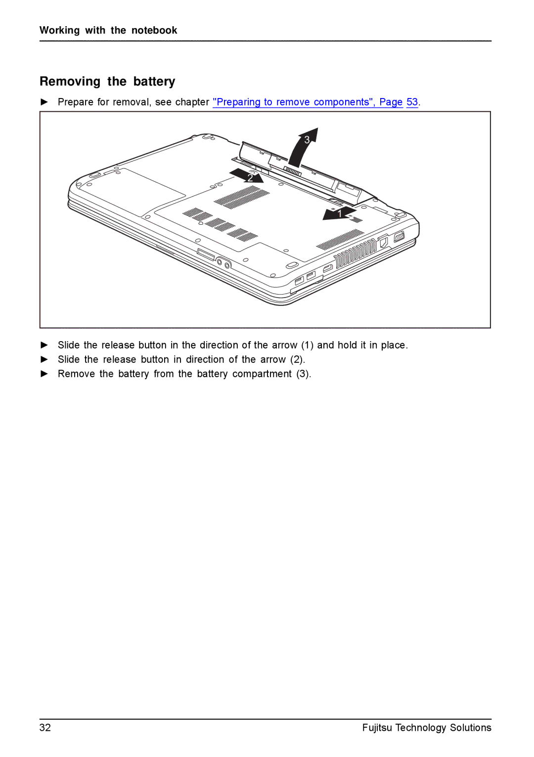 Fujitsu AH531, A531 manual Removing the battery 