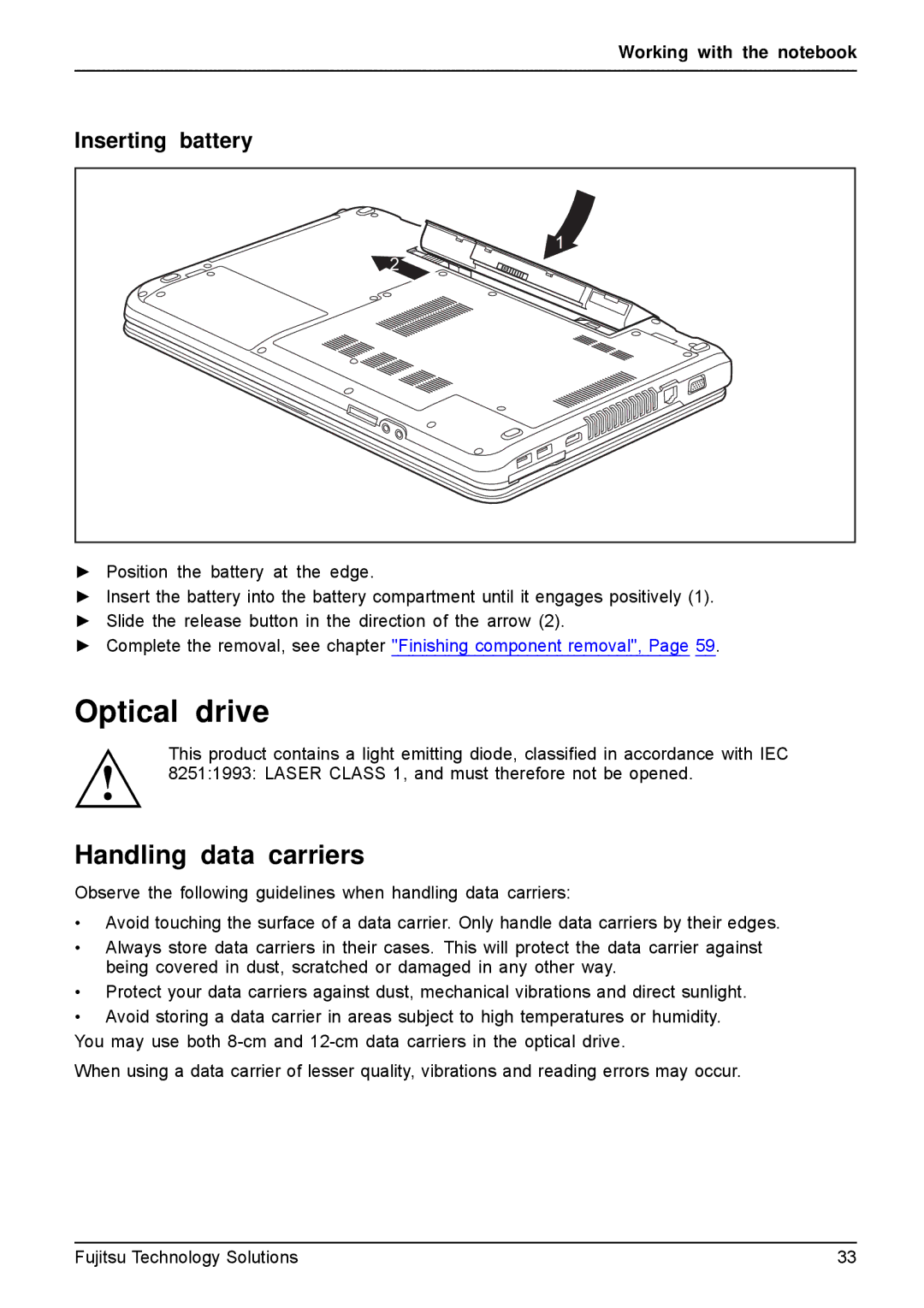 Fujitsu A531, AH531 manual Optical drive, Handling data carriers 