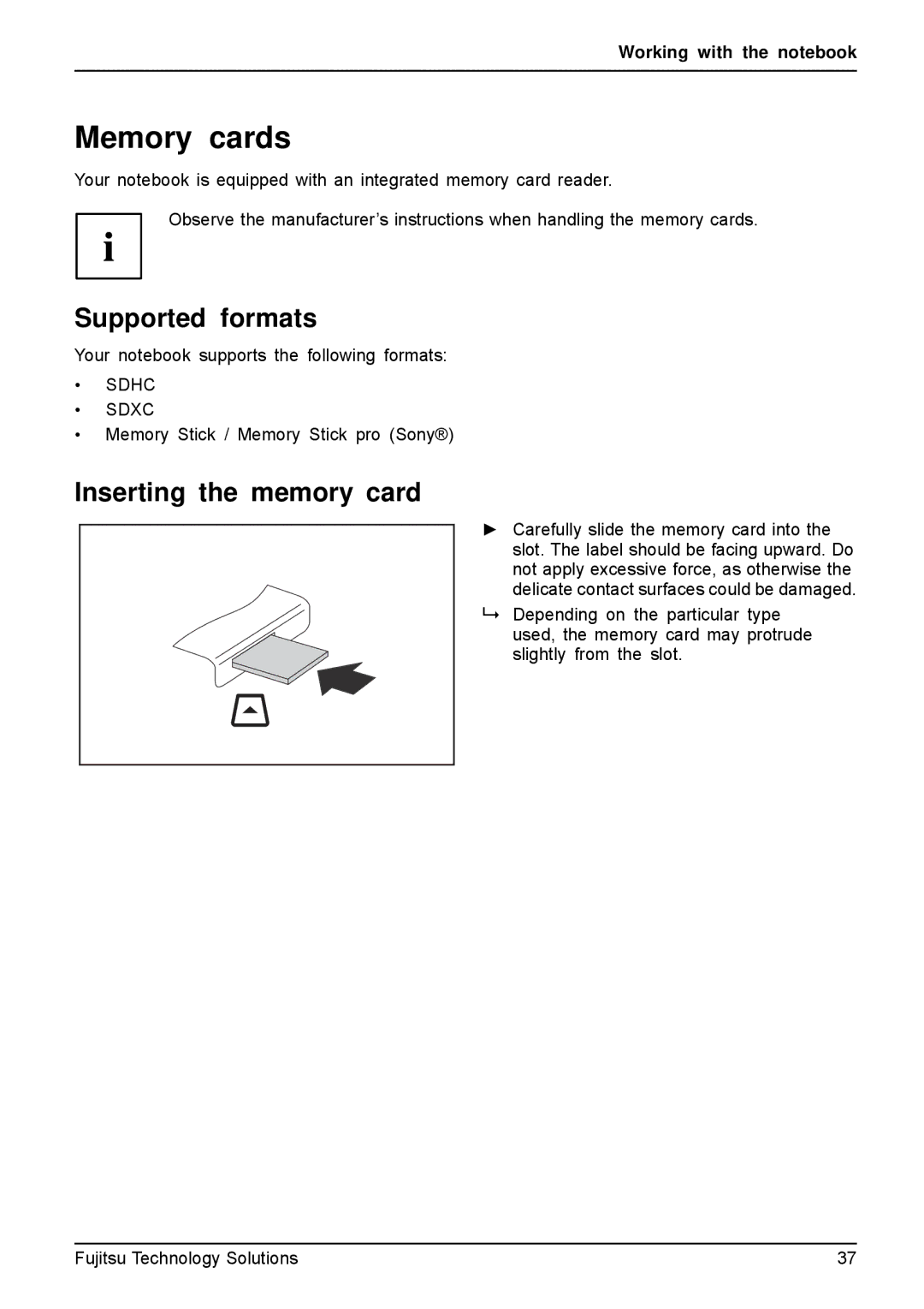 Fujitsu A531, AH531 manual Memory cards, Supported formats, Inserting the memory card 