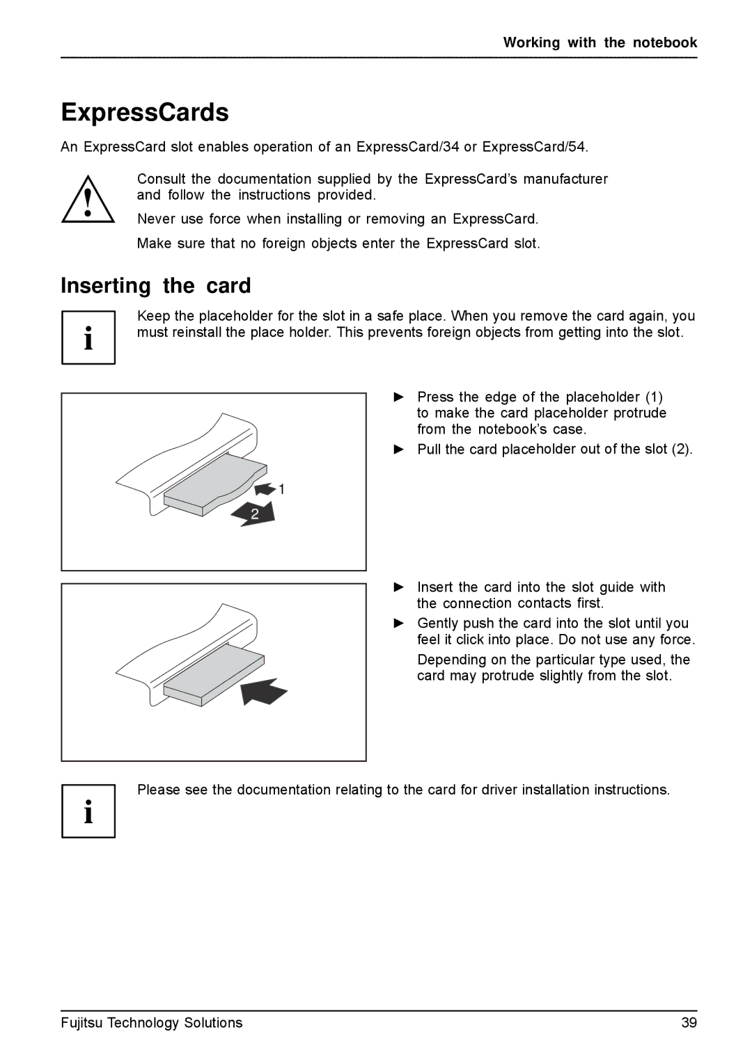 Fujitsu A531, AH531 manual ExpressCards, Inserting the card 